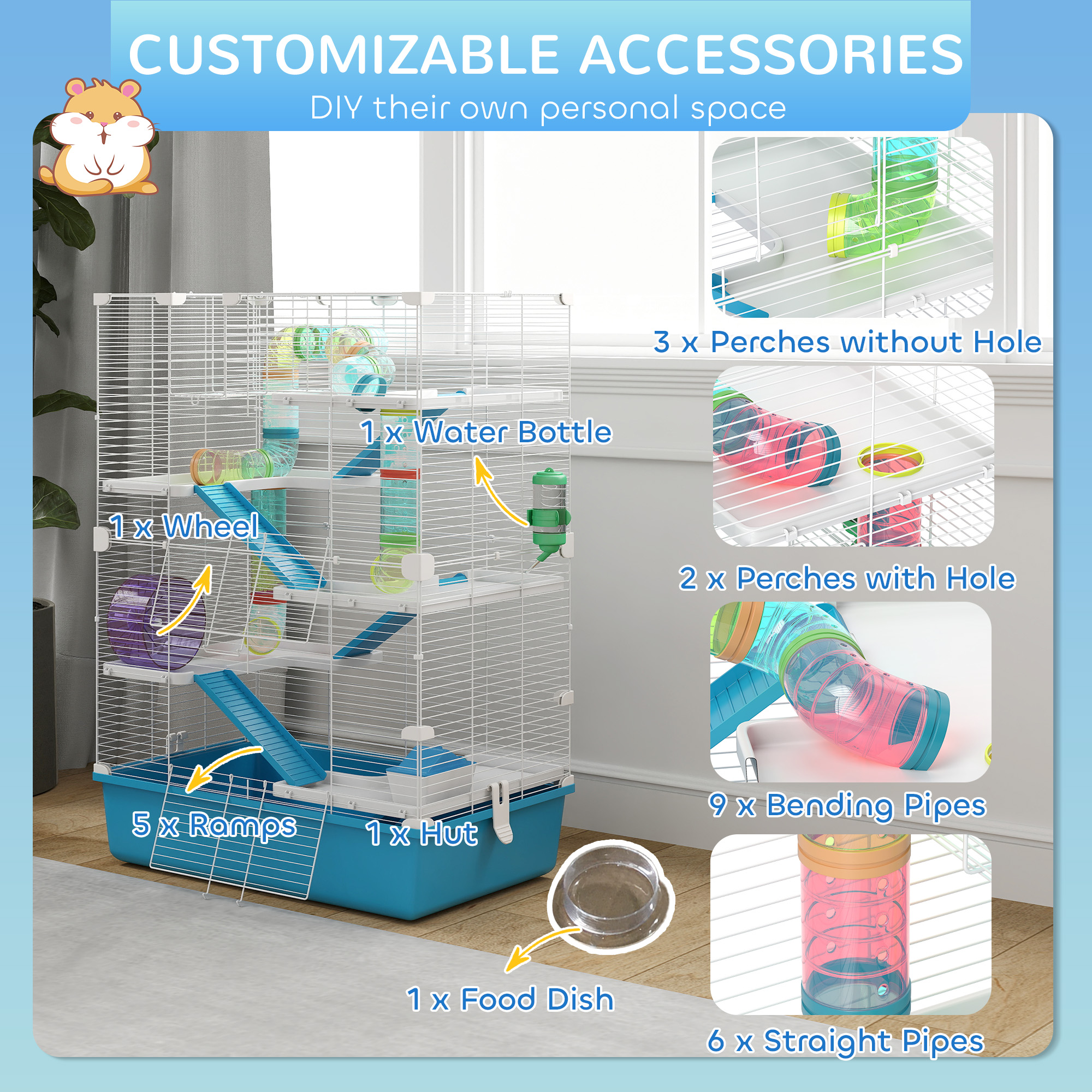 6 Tier Hamster Cage,Small Animal Cage With Tubes,Exercise Wheel,Ramps,Hut,Food — image 3