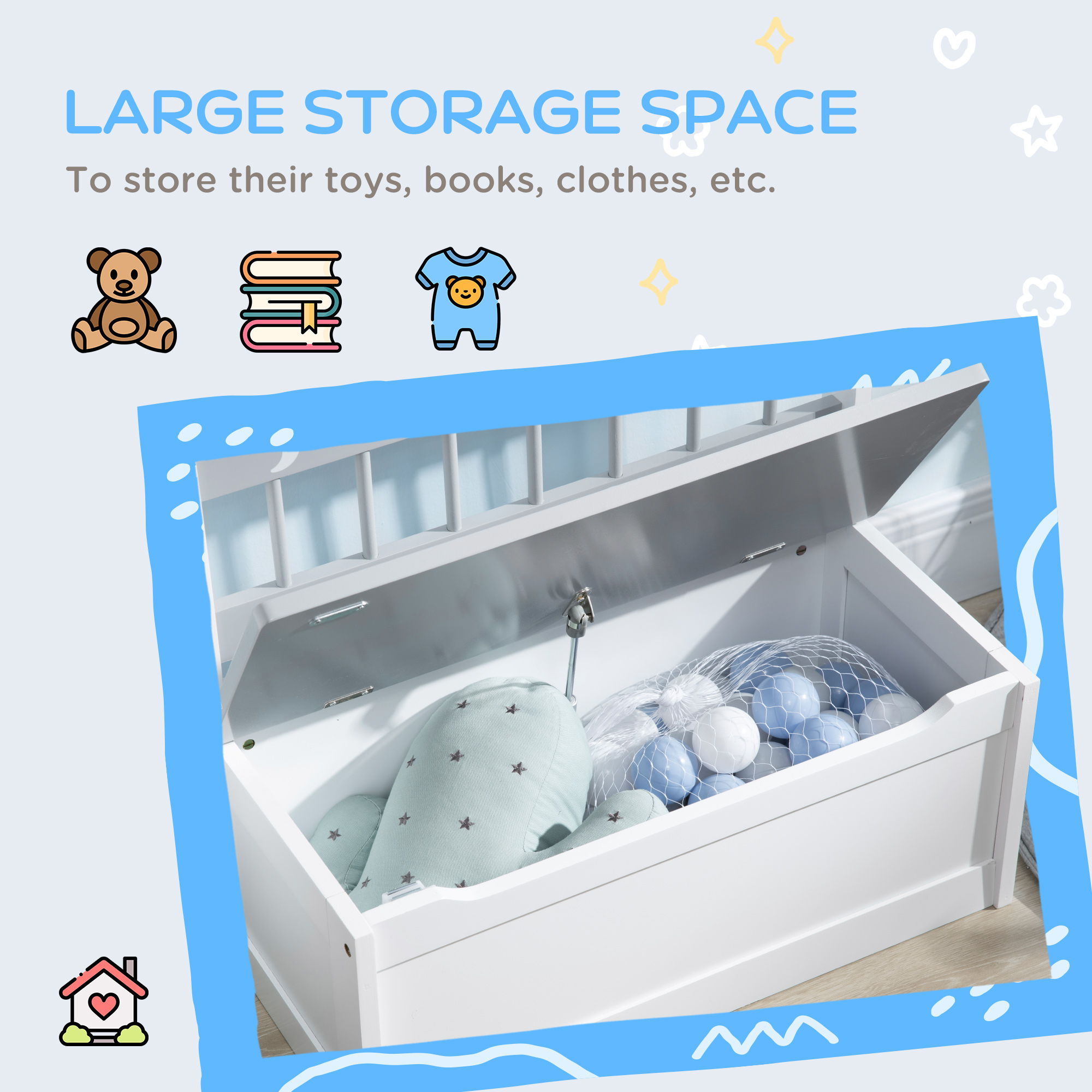 2 In 1 Kids Storage Bench,Toy Box W/ Safety Rod-Grey — image 3