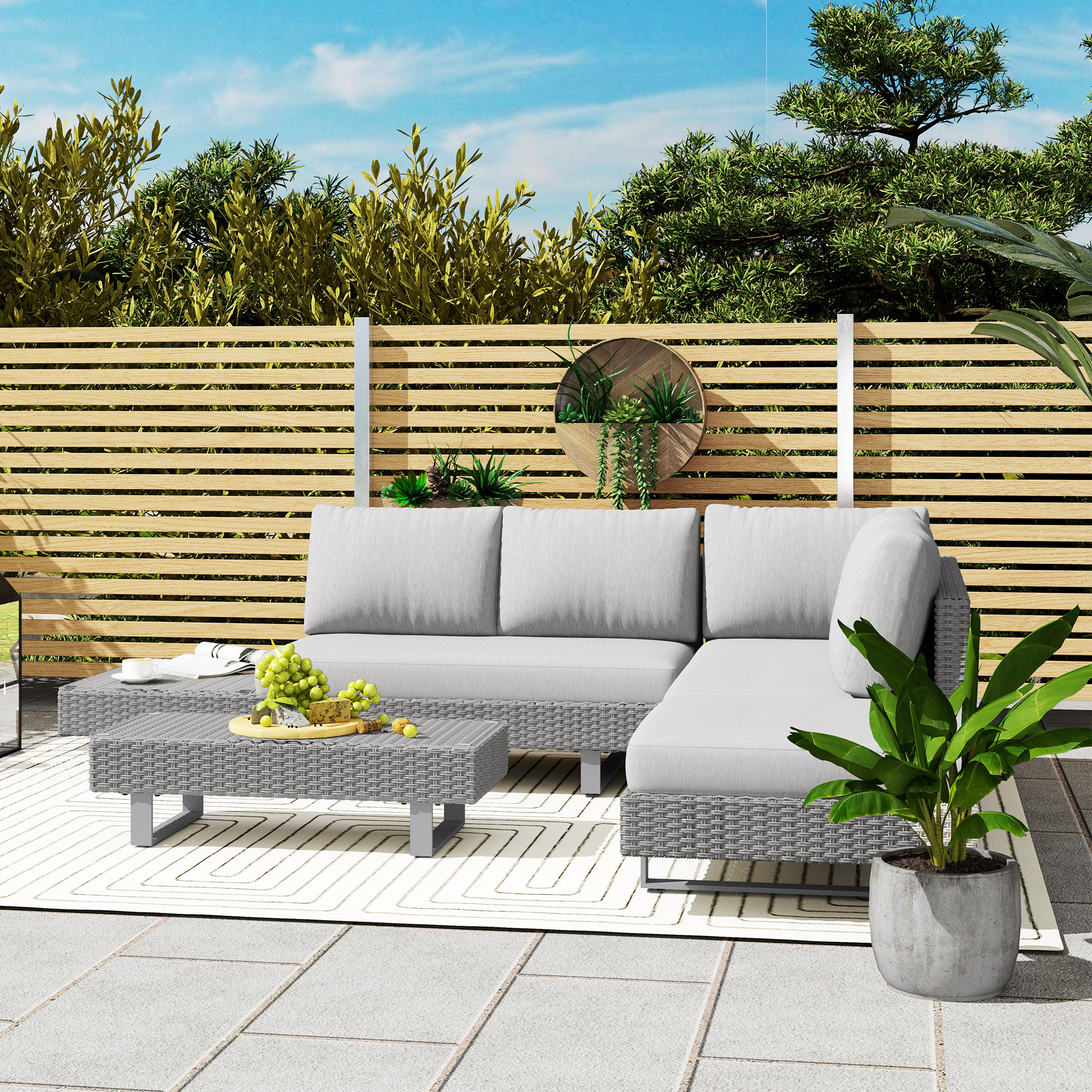 Three-Piece Rattan Sofa Set,with Cushions-Light Grey — image 4