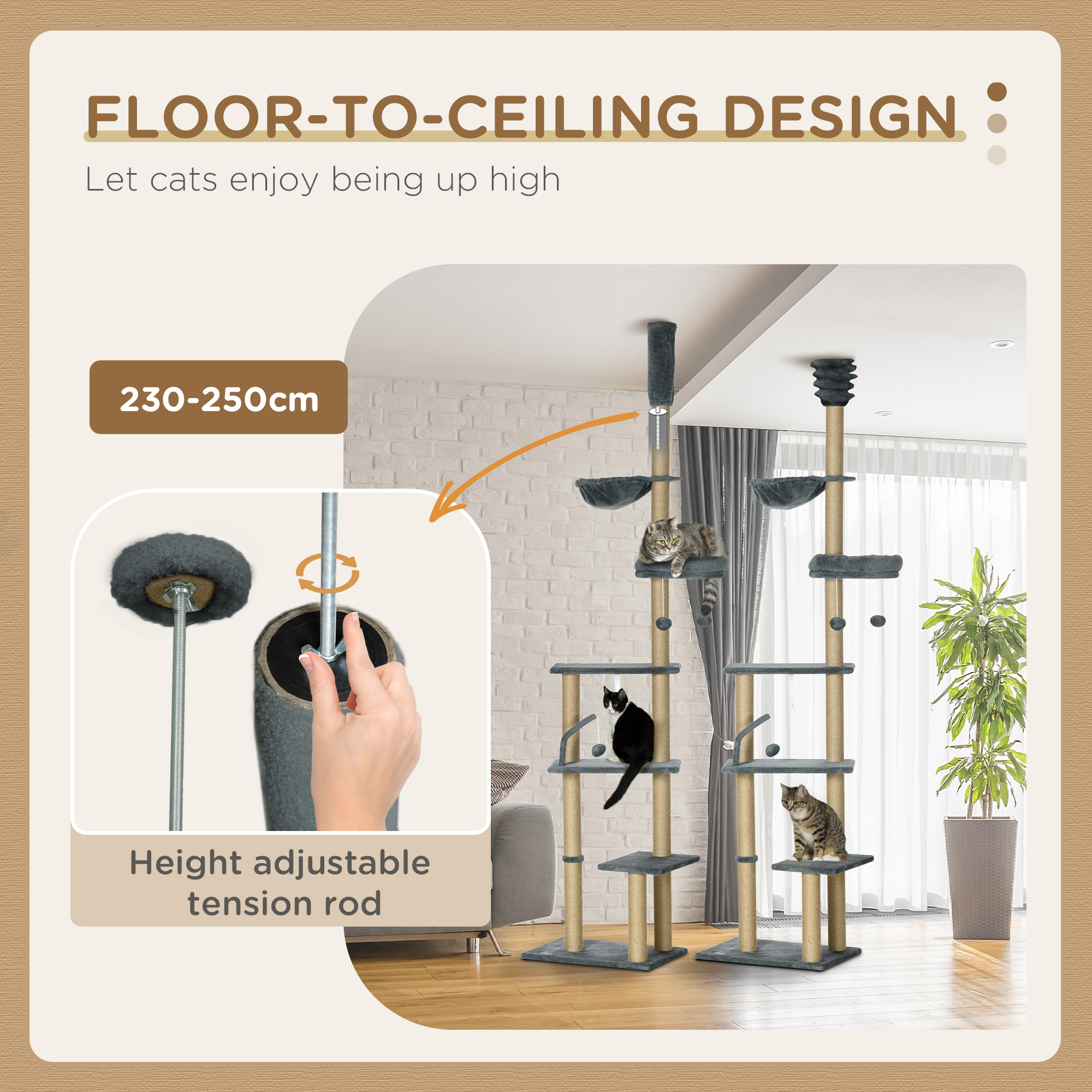 230-250cm Floor-to-Ceiling Climbing Cat Tree Tower-Grey — image 2