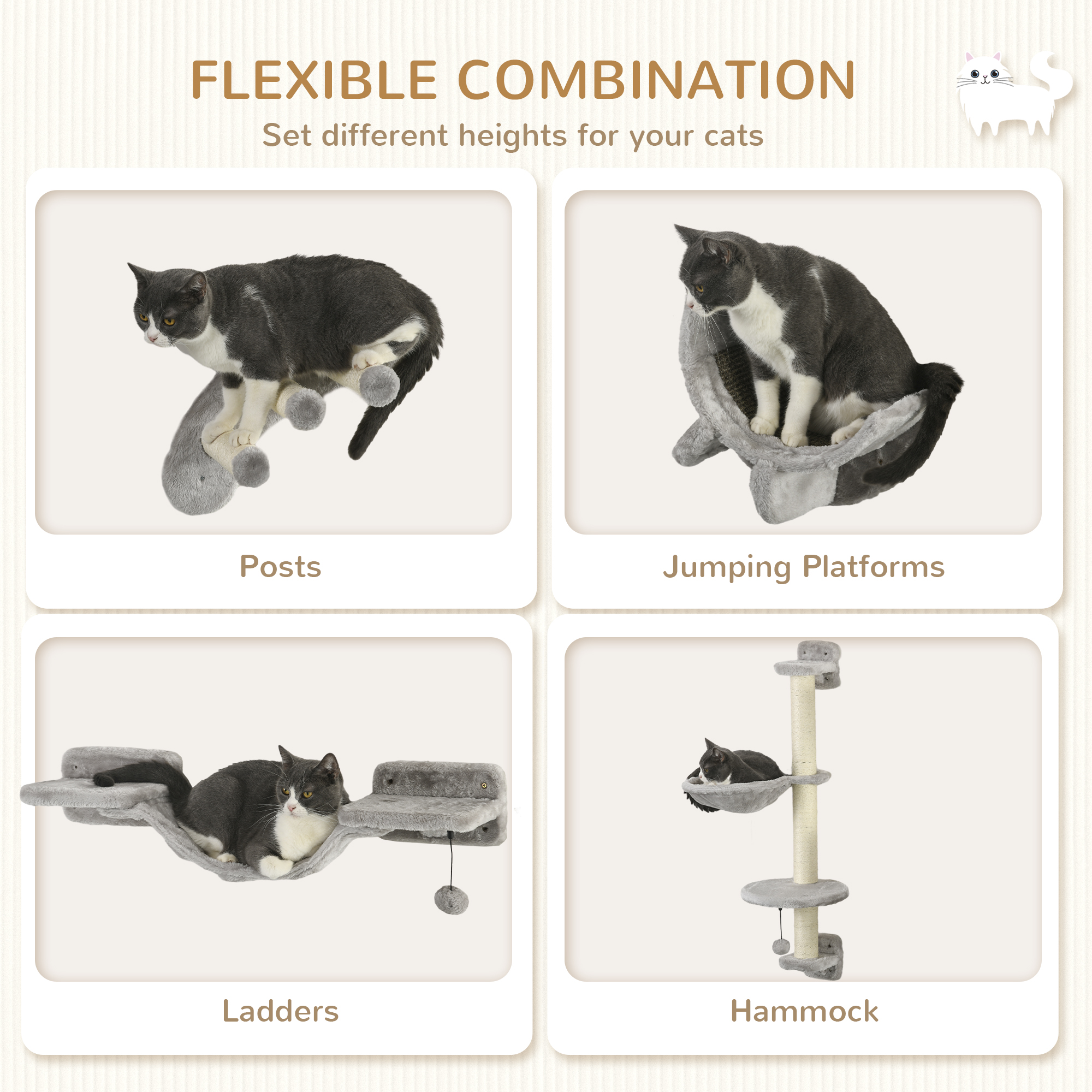 Four-Piece Cat Wall Furniture,with Hammock,Ladder,Platforms,Steps,for Indoor — image 5
