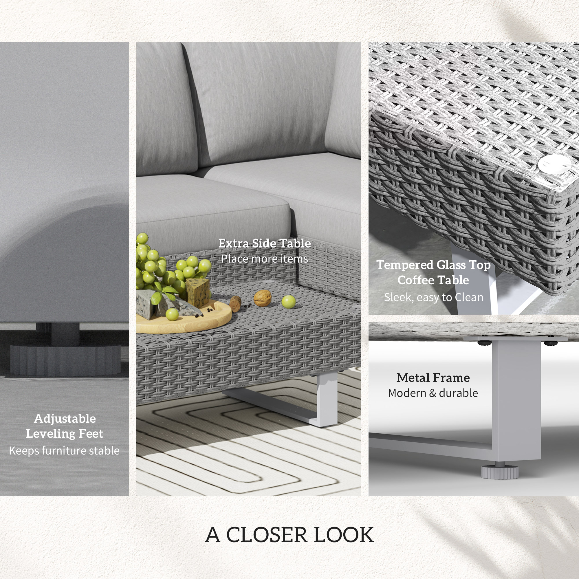 Three-Piece Rattan Sofa Set,with Cushions-Light Grey — image 2