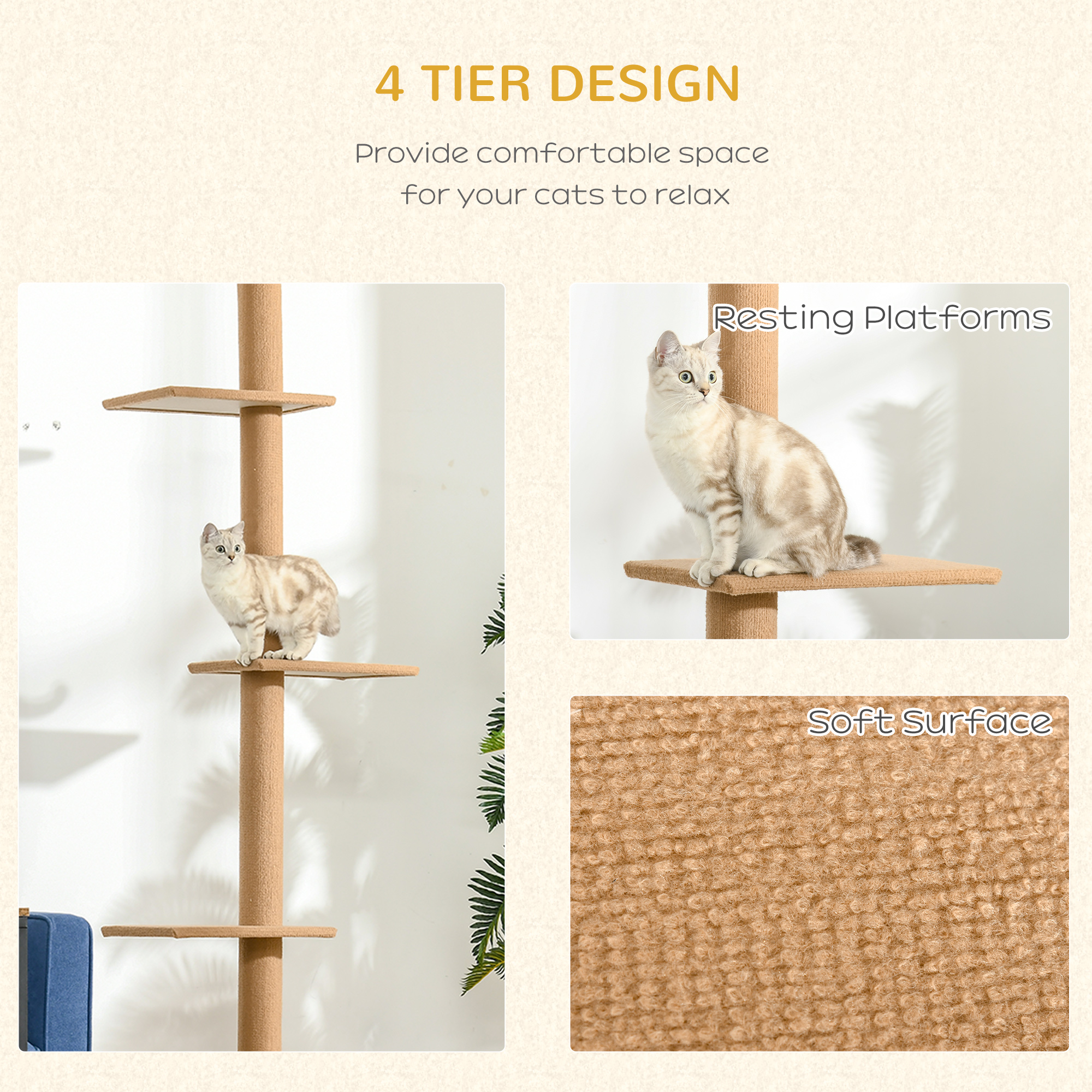 260cm Floor To Ceiling Cat Tree For Indoor Cats W/ Three Platforms Activity — image 4