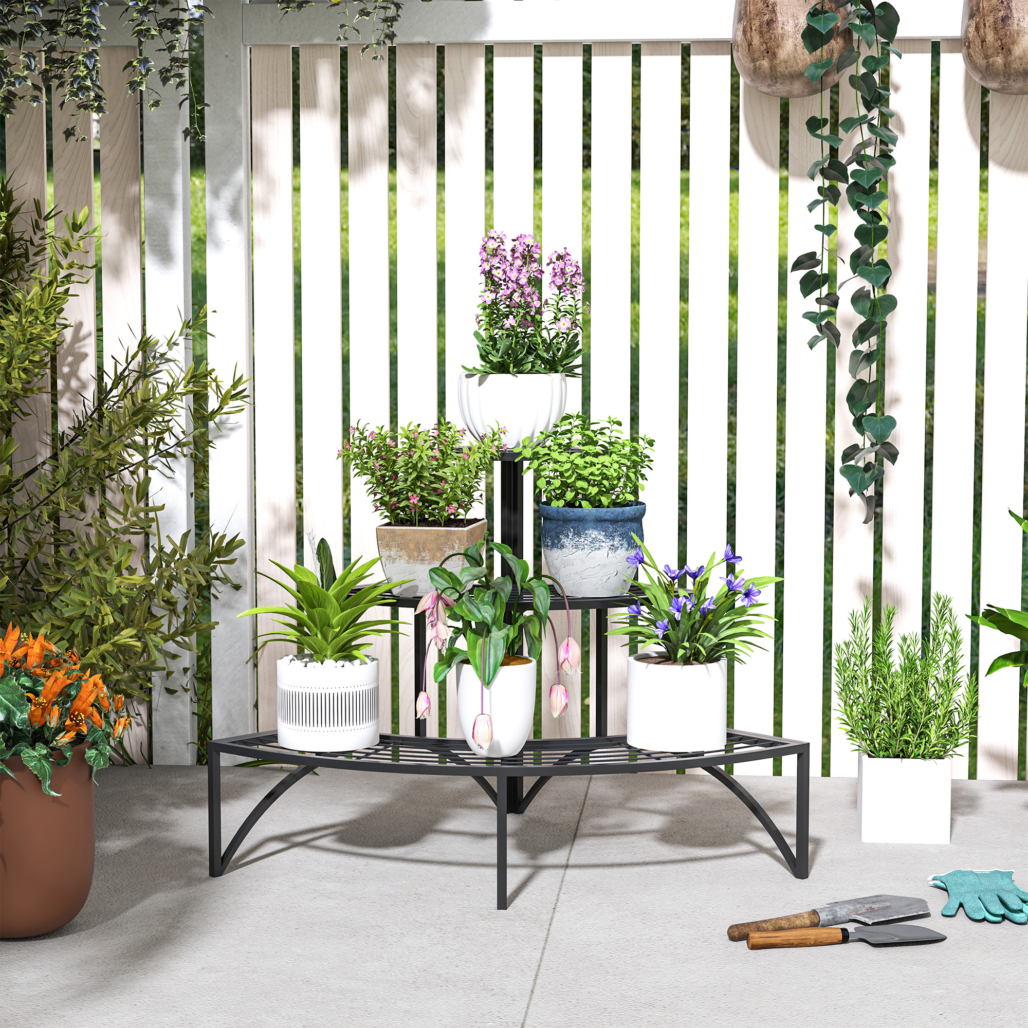 Three-Tier Corner Metal Plants Shelves-Black — image 2
