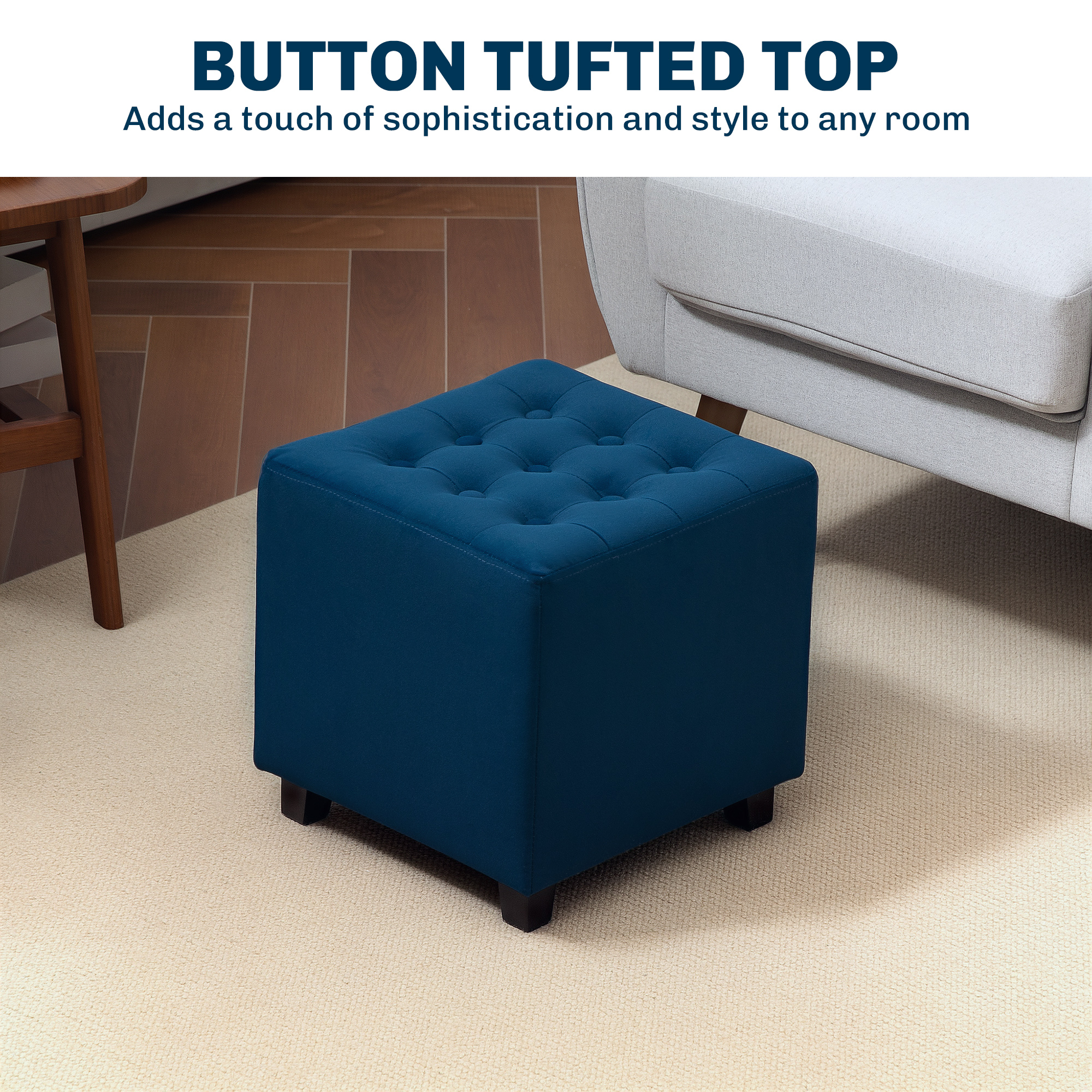 Velvet-Feel Square Ottoman-Blue — image 3