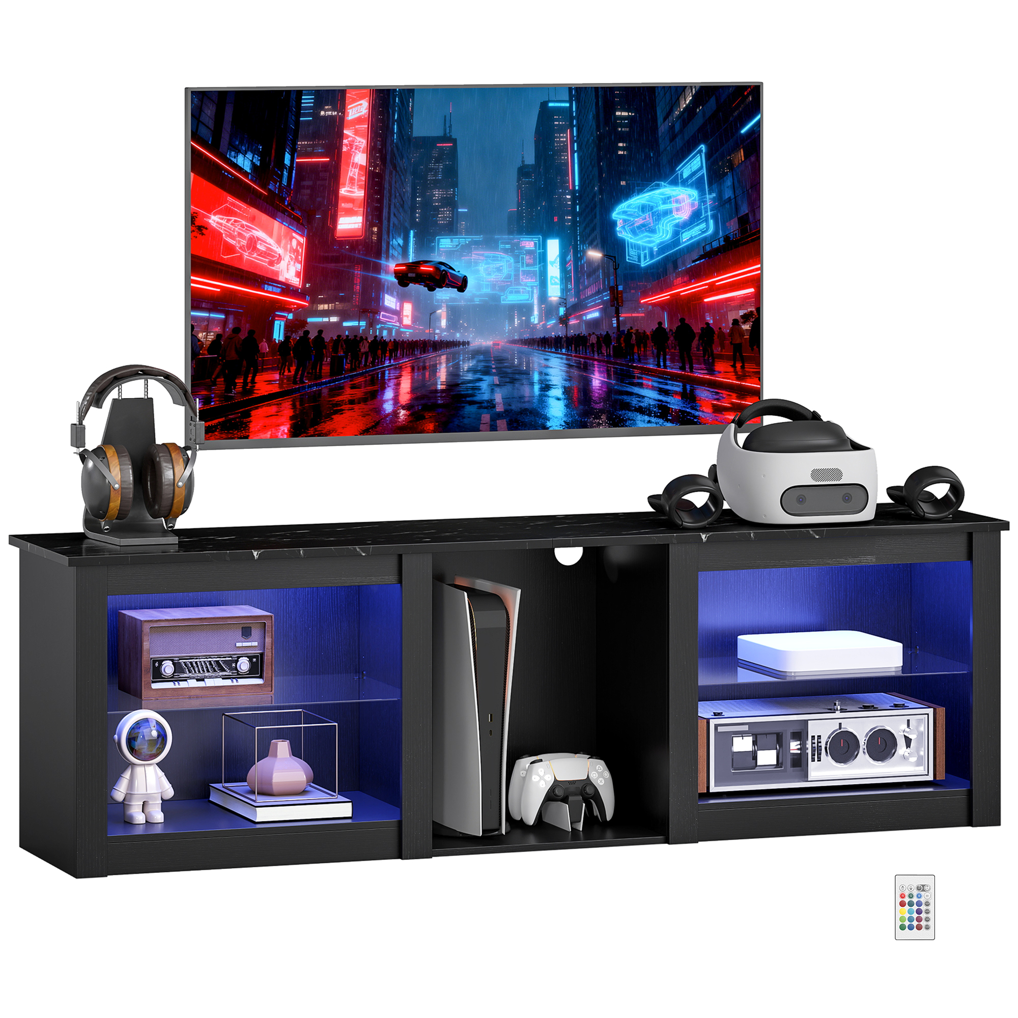 70" TV Stand,with LED Lights And Storage-Black — image 2