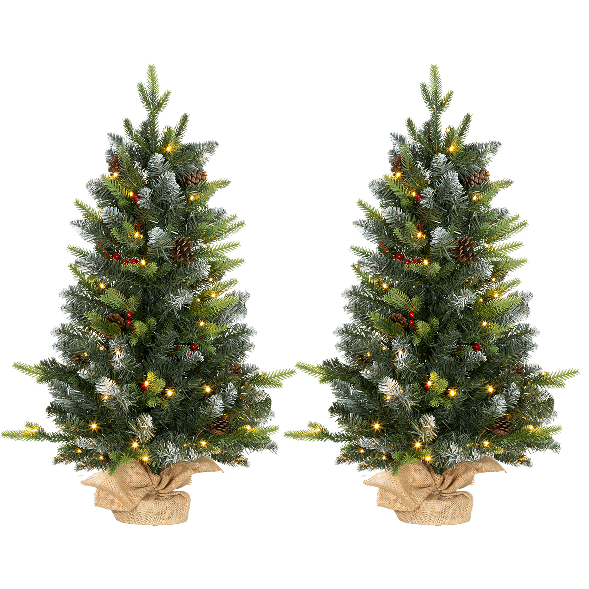 Set Of Two 3ft Christmas Trees,with Lights,Berries