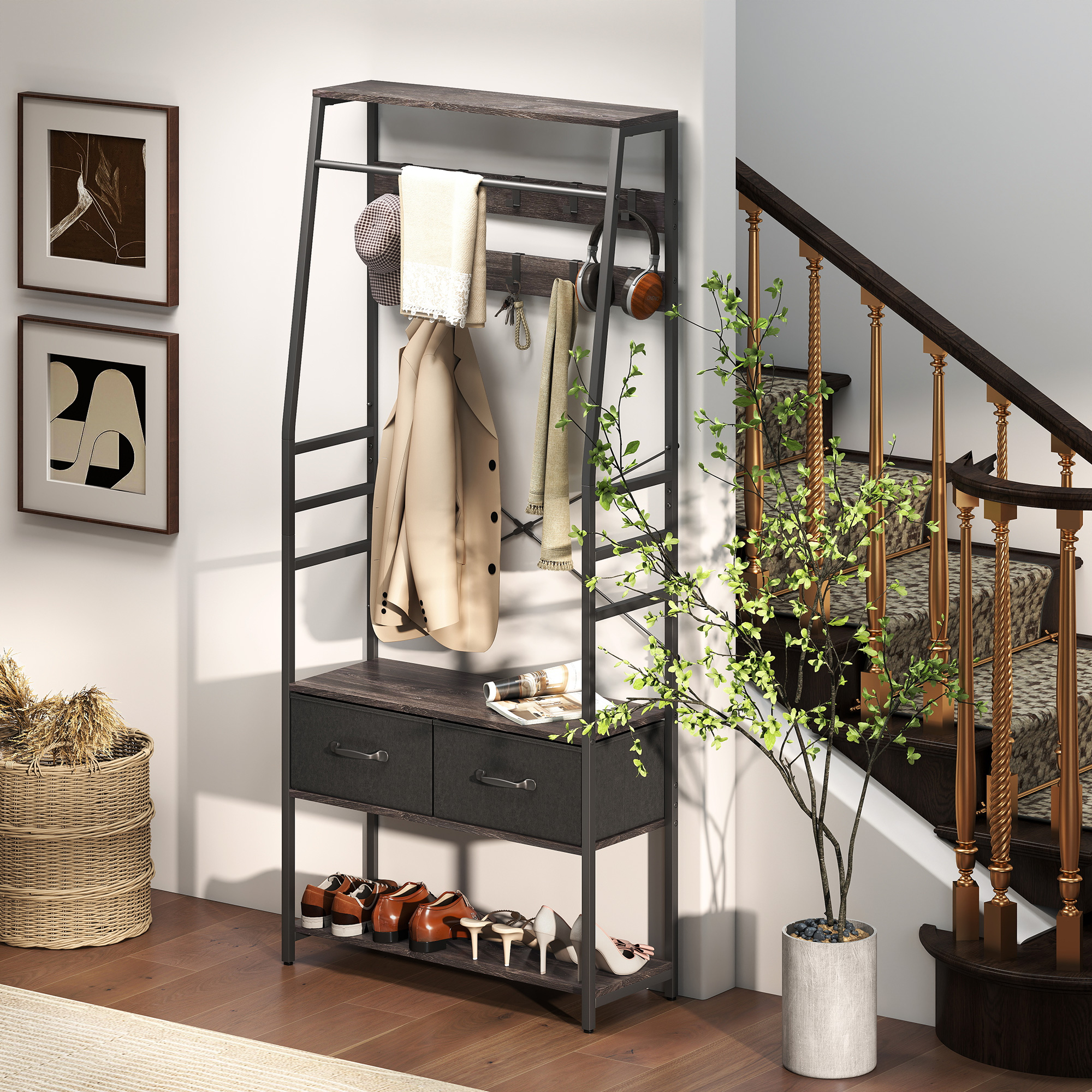 Coat Rack With Shoe Storage,Hall Tree,Industrial Stand Bench,10 Removable — image 5