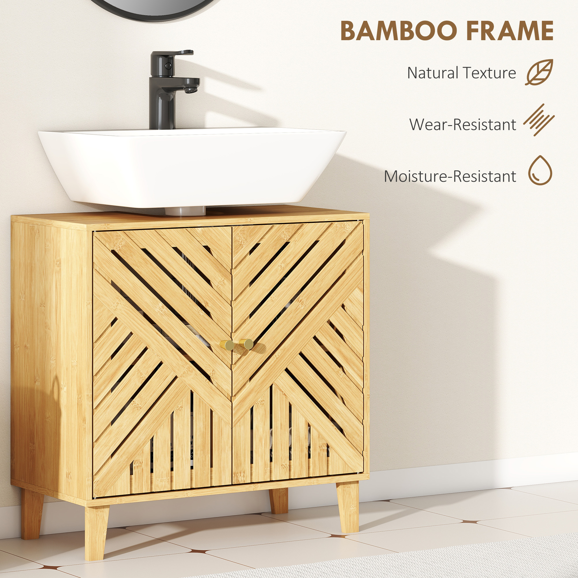 Bamboo Bathroom Under Sink Cabinet With Adjustable Shelf For Basin Without — image 5