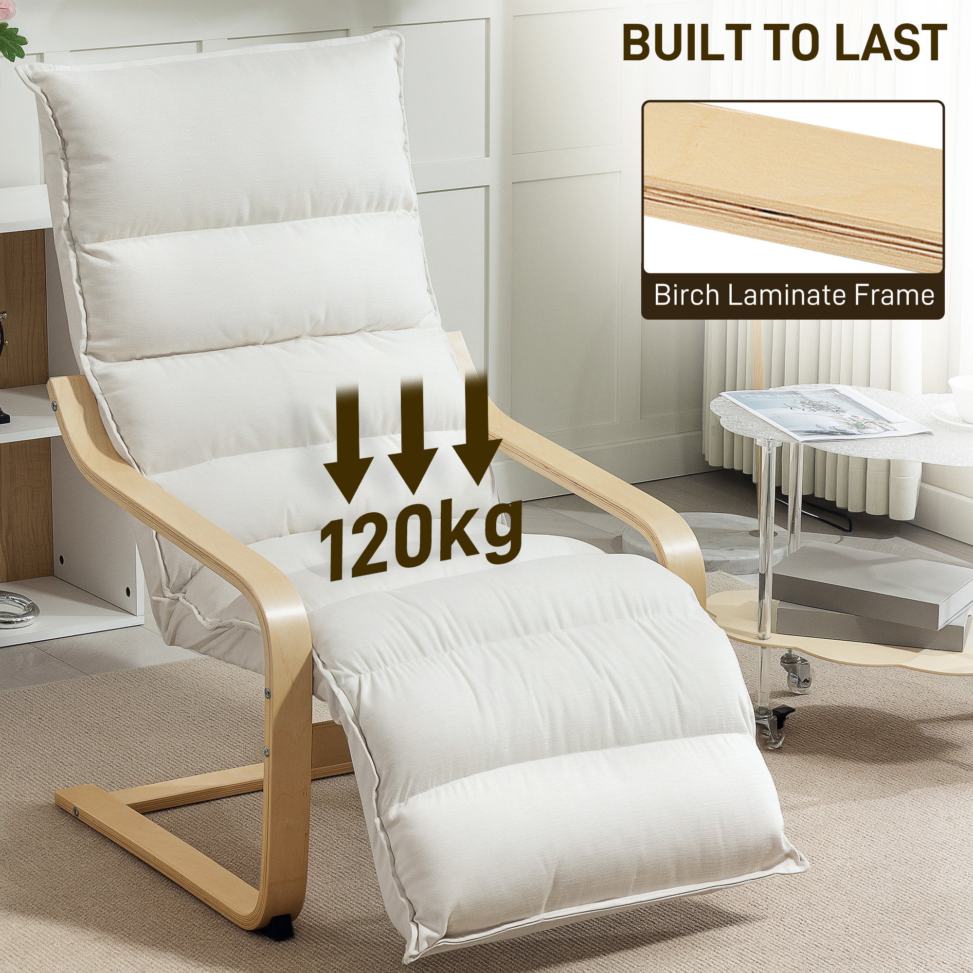 Curved Wooden Accent Chair,with Adjustable Footrest-Cream White — image 3