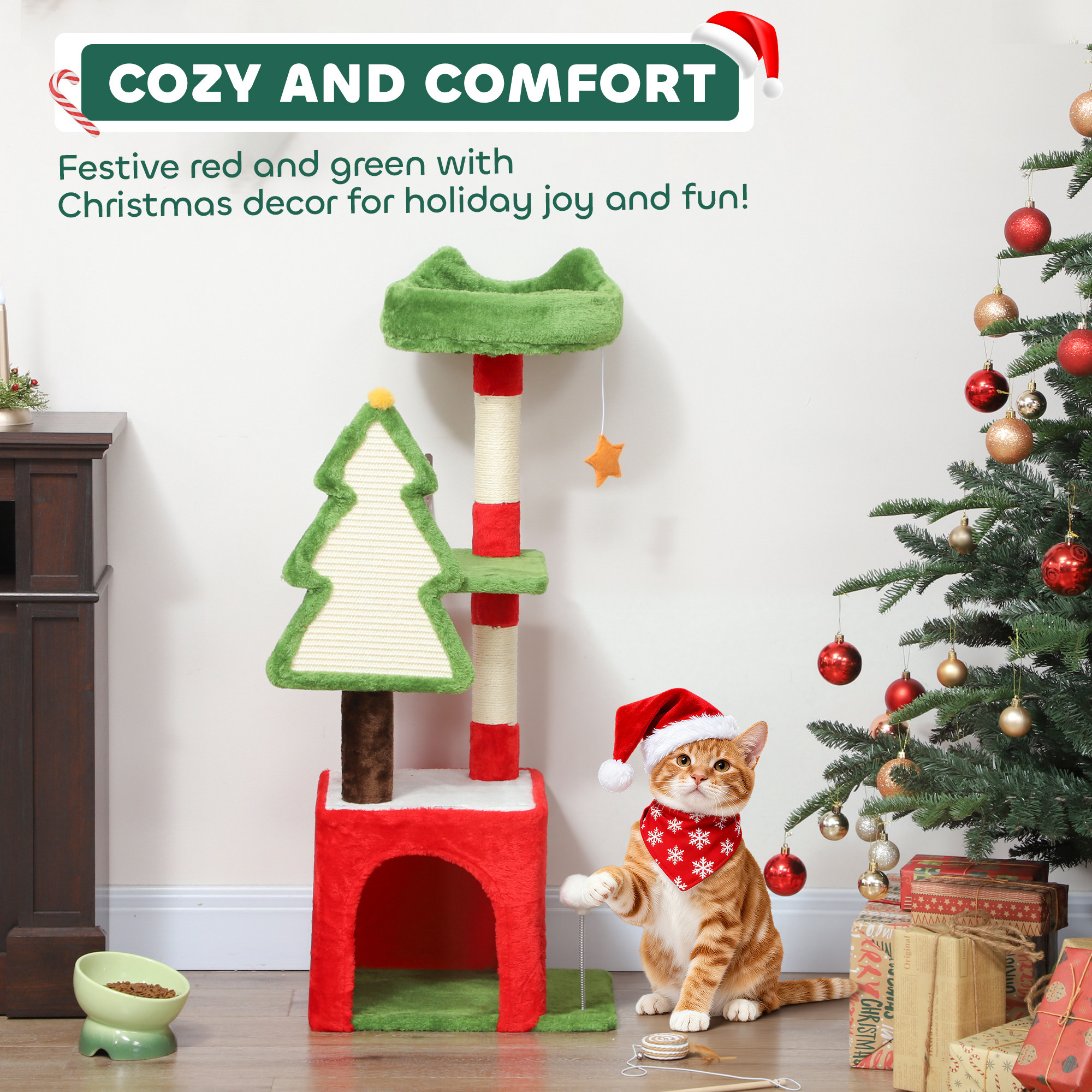 Christmas Cat Tree,120cm Tower With Scratching Post & Board,Platform,Toys,Green — image 2