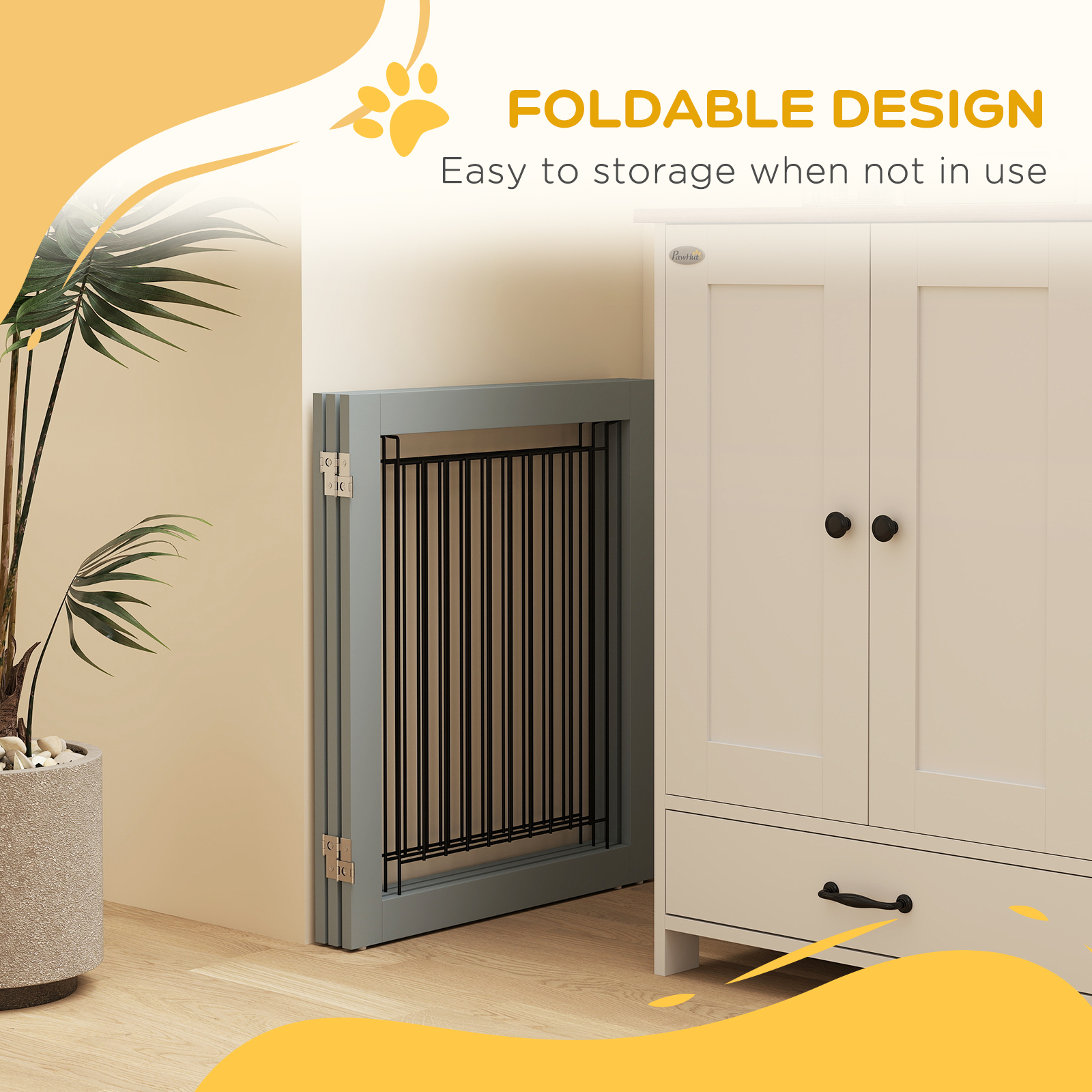 Foldable Pet Gate,with Three Panels & Two Support Feet-Grey — image 2