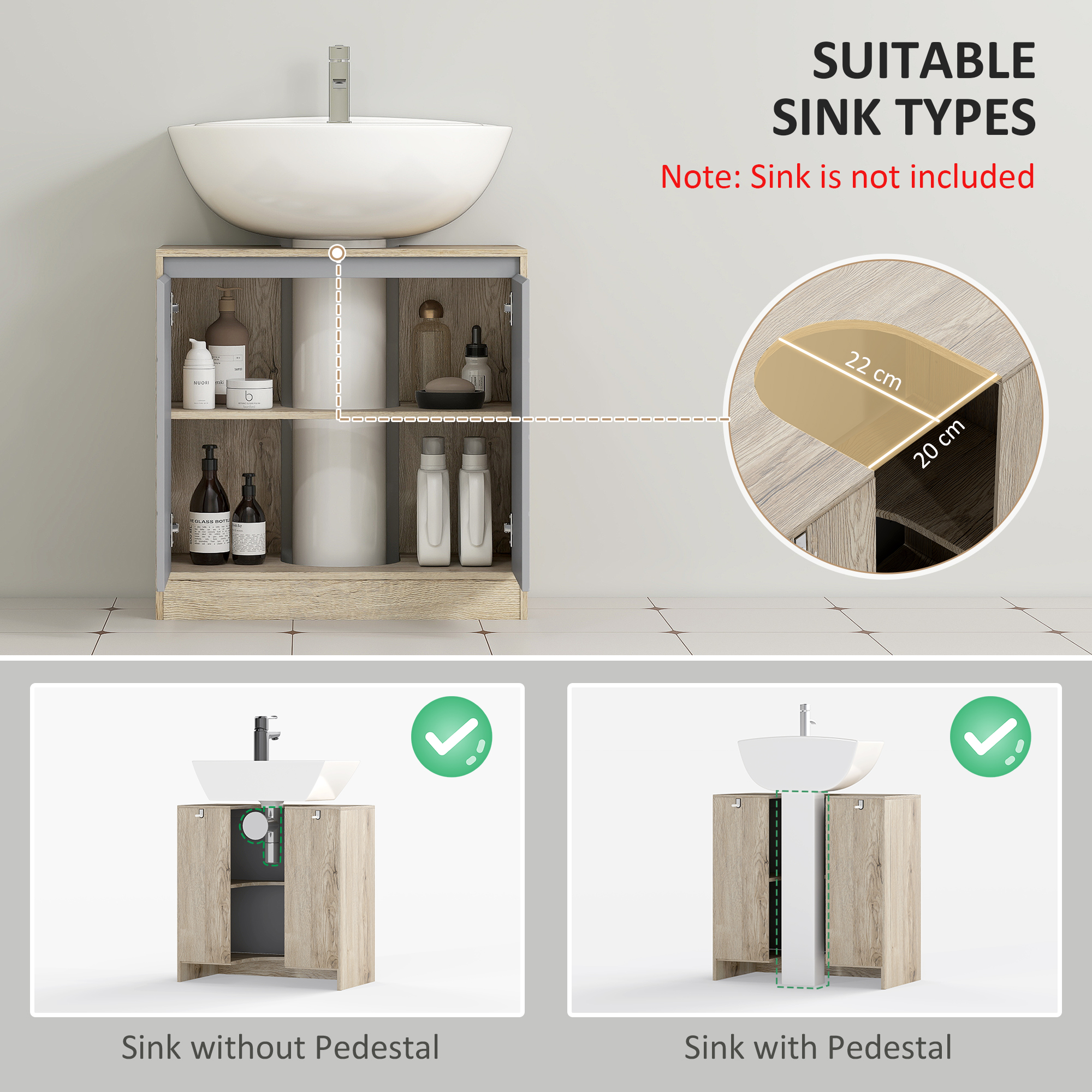 Under Sink Storage Cabinet Floor Standing Cupboard W/ Adjustable Shelf Bathroom