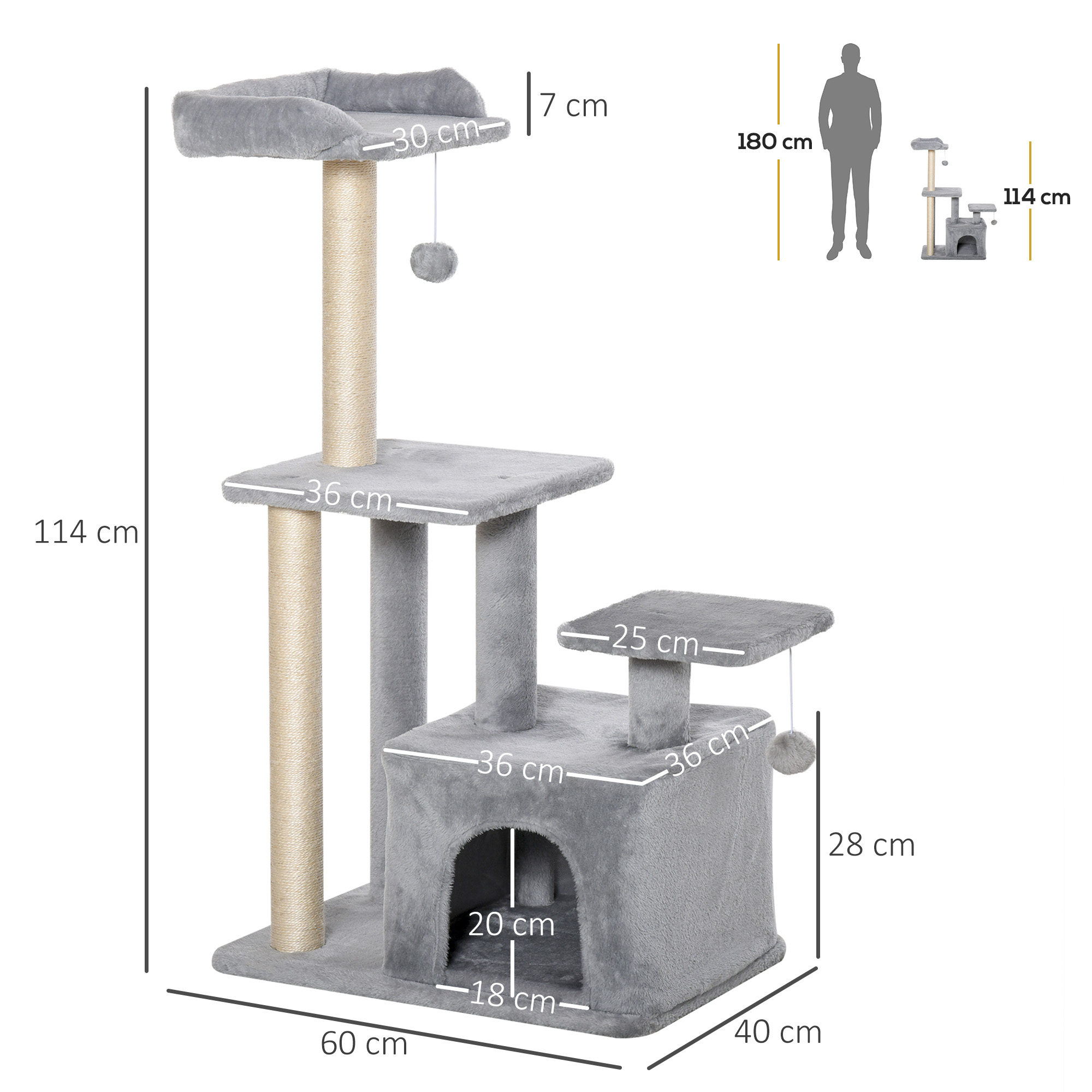 Cat Tree Tower For Indoor Cats 114cm Climbing Activity Centre Kitten With Sisal Scratching Post Perch Hanging Ball Condo Toy Light Grey detail photo 8