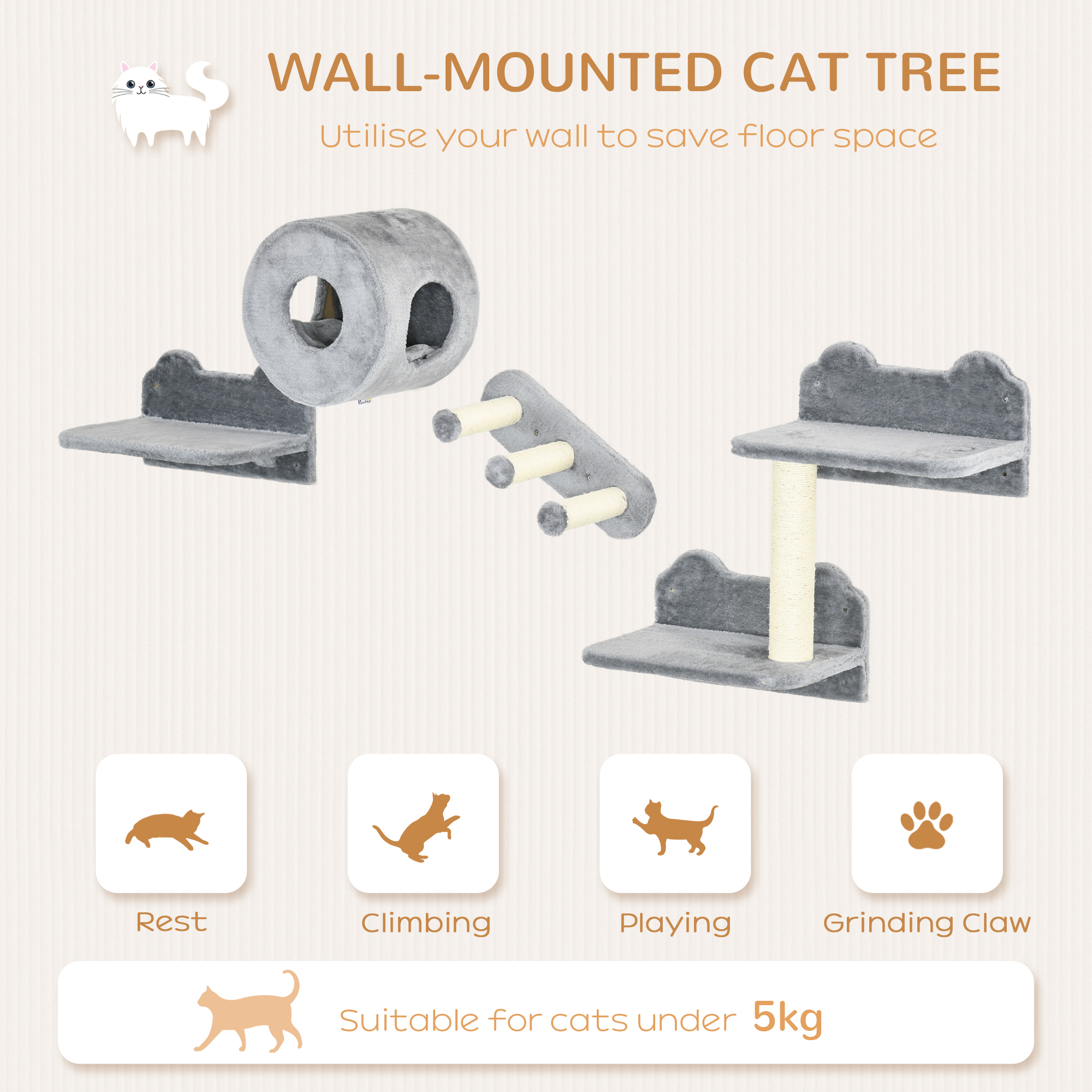 4PCs Wall-Mounted Cat Tree,with Steps,Perch,Cat House-Grey — image 5