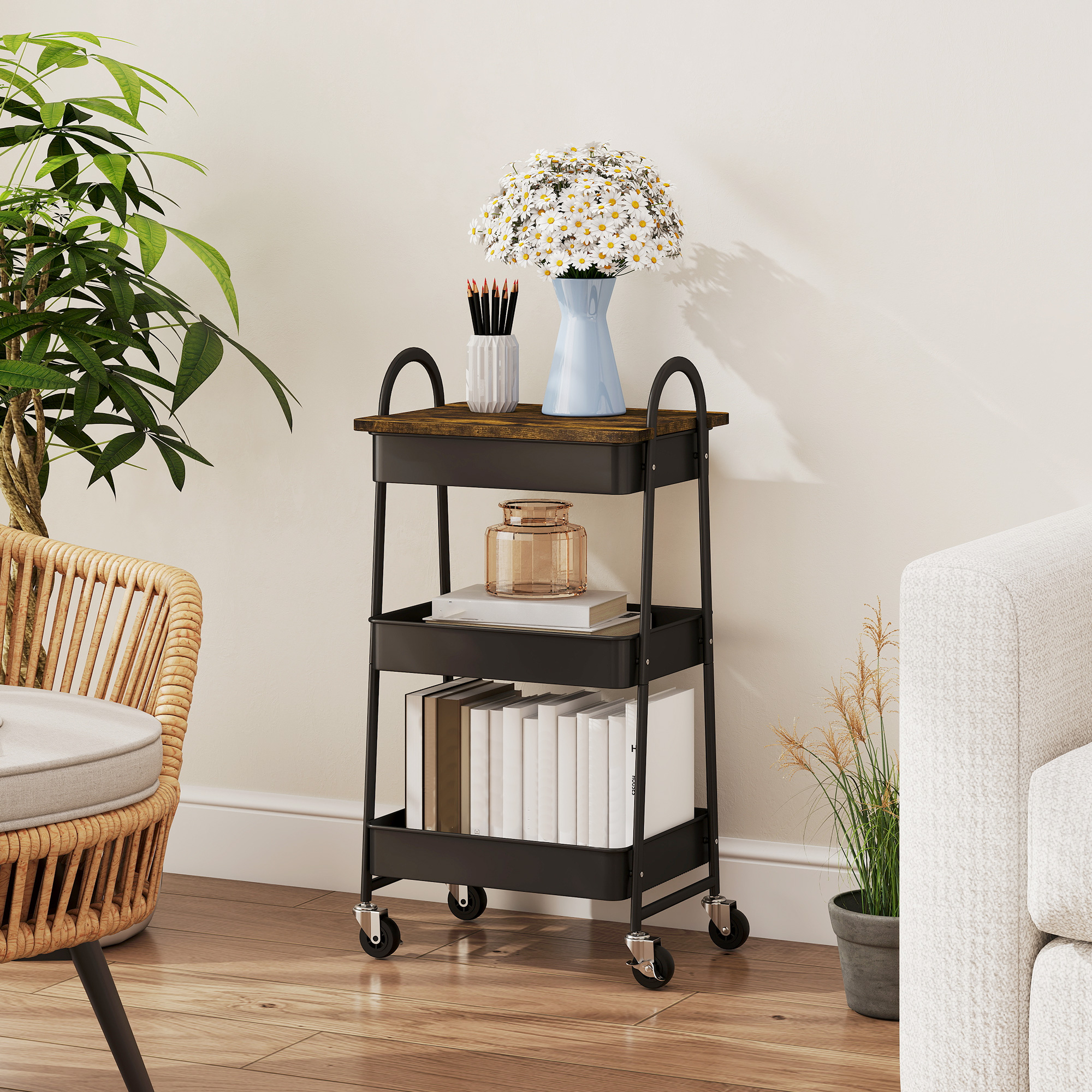 3-Tier Kitchen Storage Trolley With On Wheels Cover Top Board-Rustic Brown — image 3