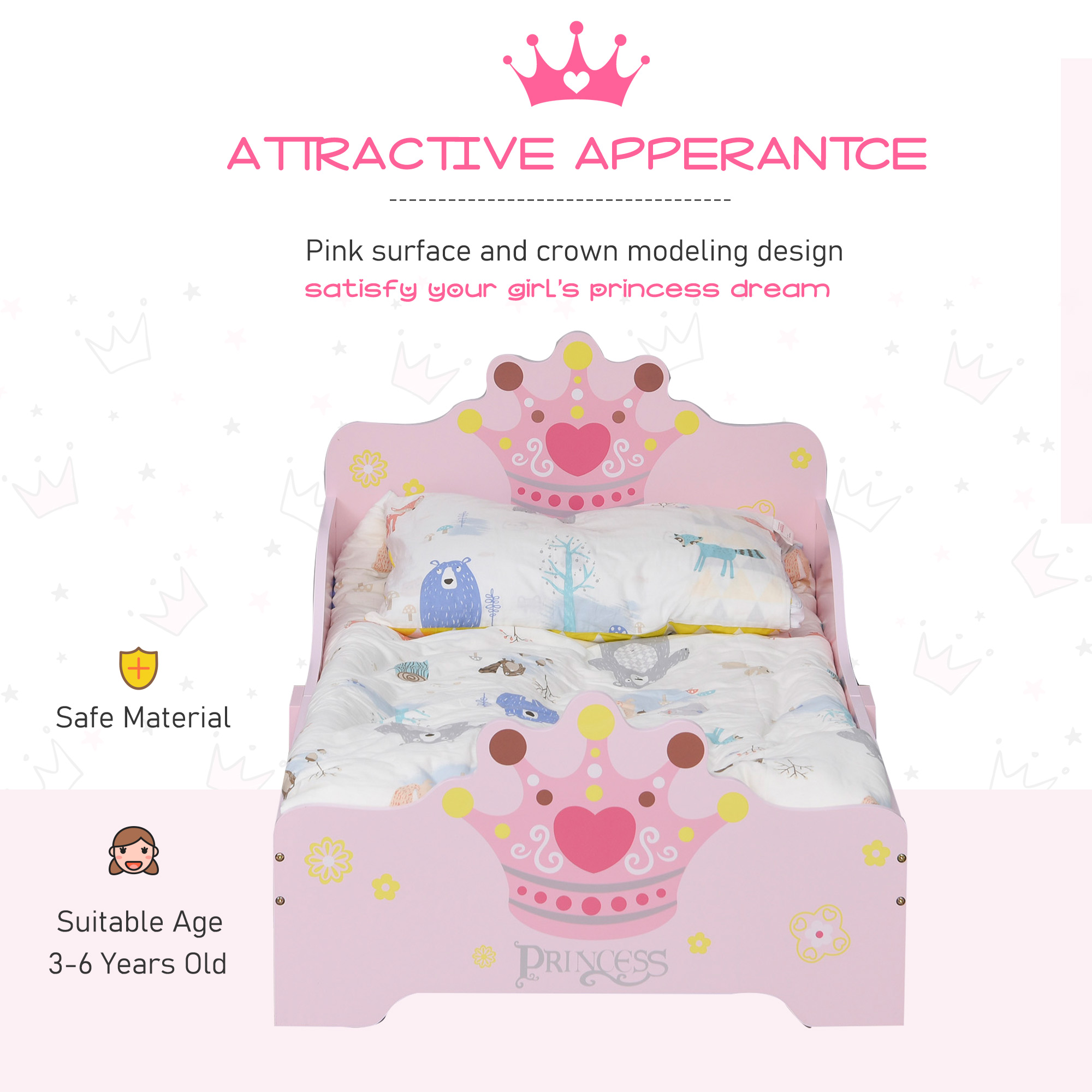 Kids Toddler Bed Princess Crown Theme Safety Side Rails Slats Home Bedroom