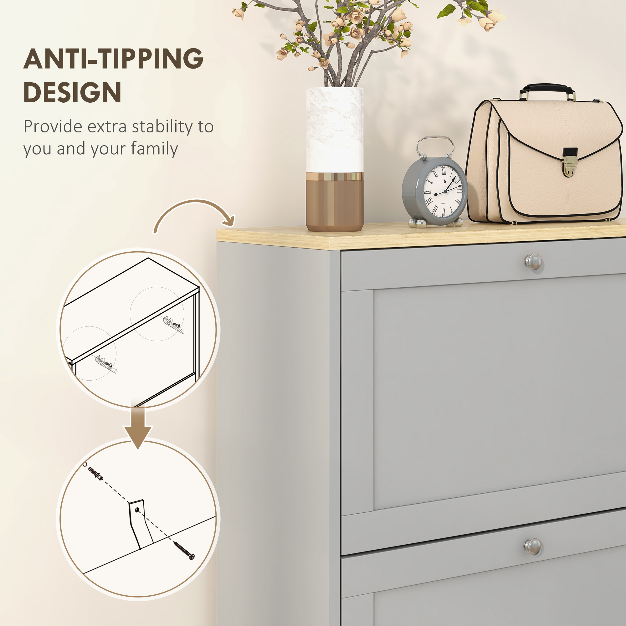 Modern Compact Three-Drawer Shoe Storage Cabinet-Grey — image 4