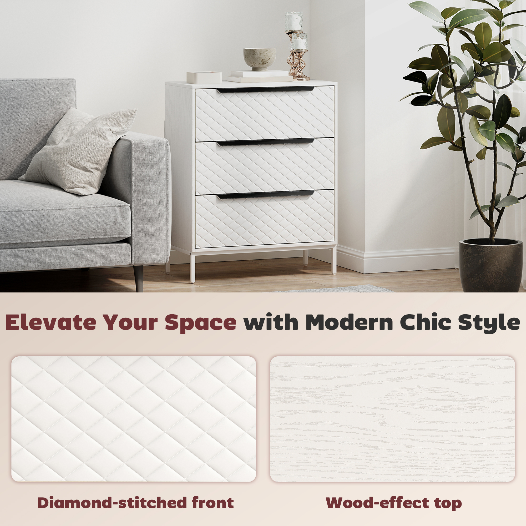 Chest Of Drawers,Dresser With 3 Fabric Drawers And Aluminium Handles-Black — image 5