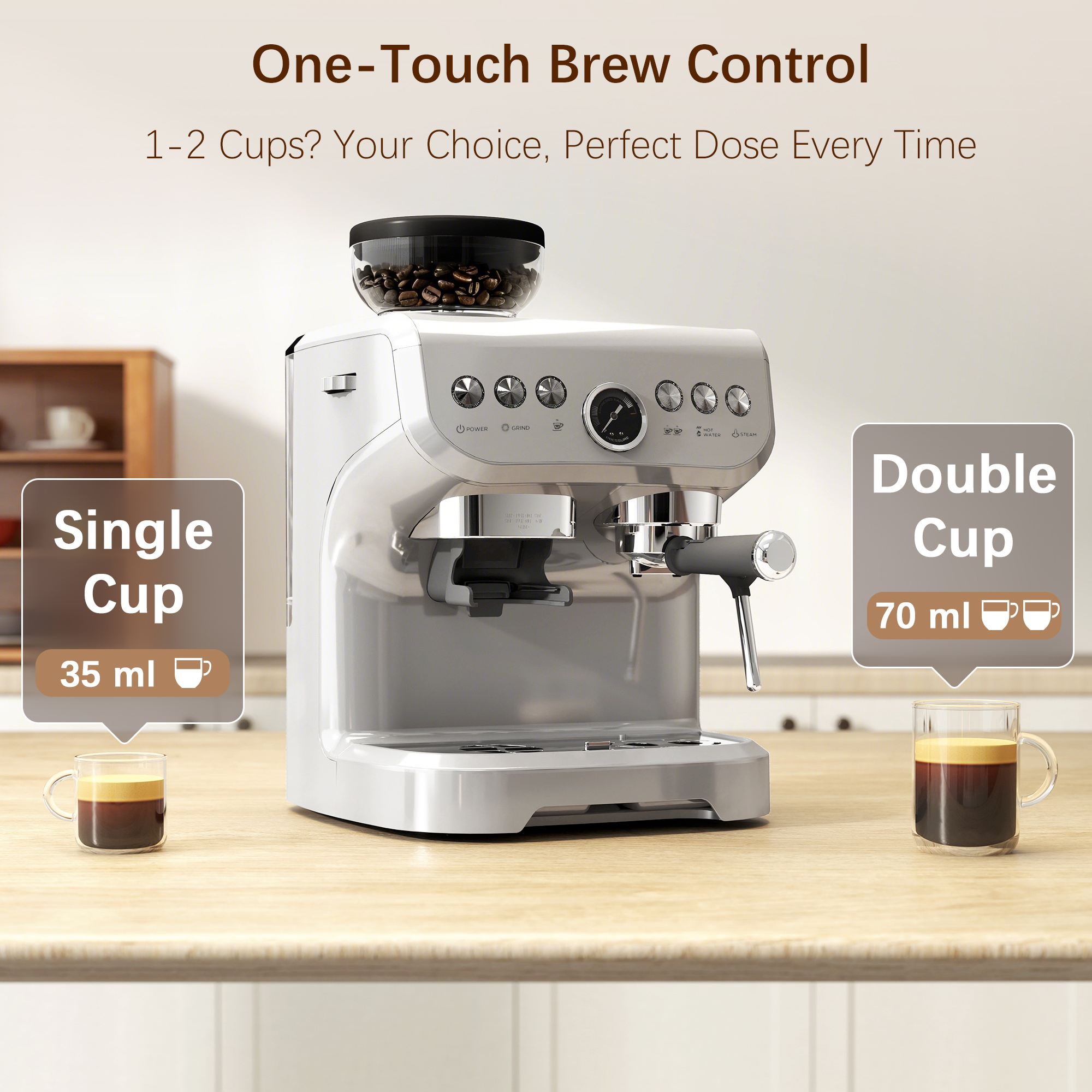 15 Bar Coffee Machine,with Adjustable Grind,Steamer And Accessories-Silver — image 2