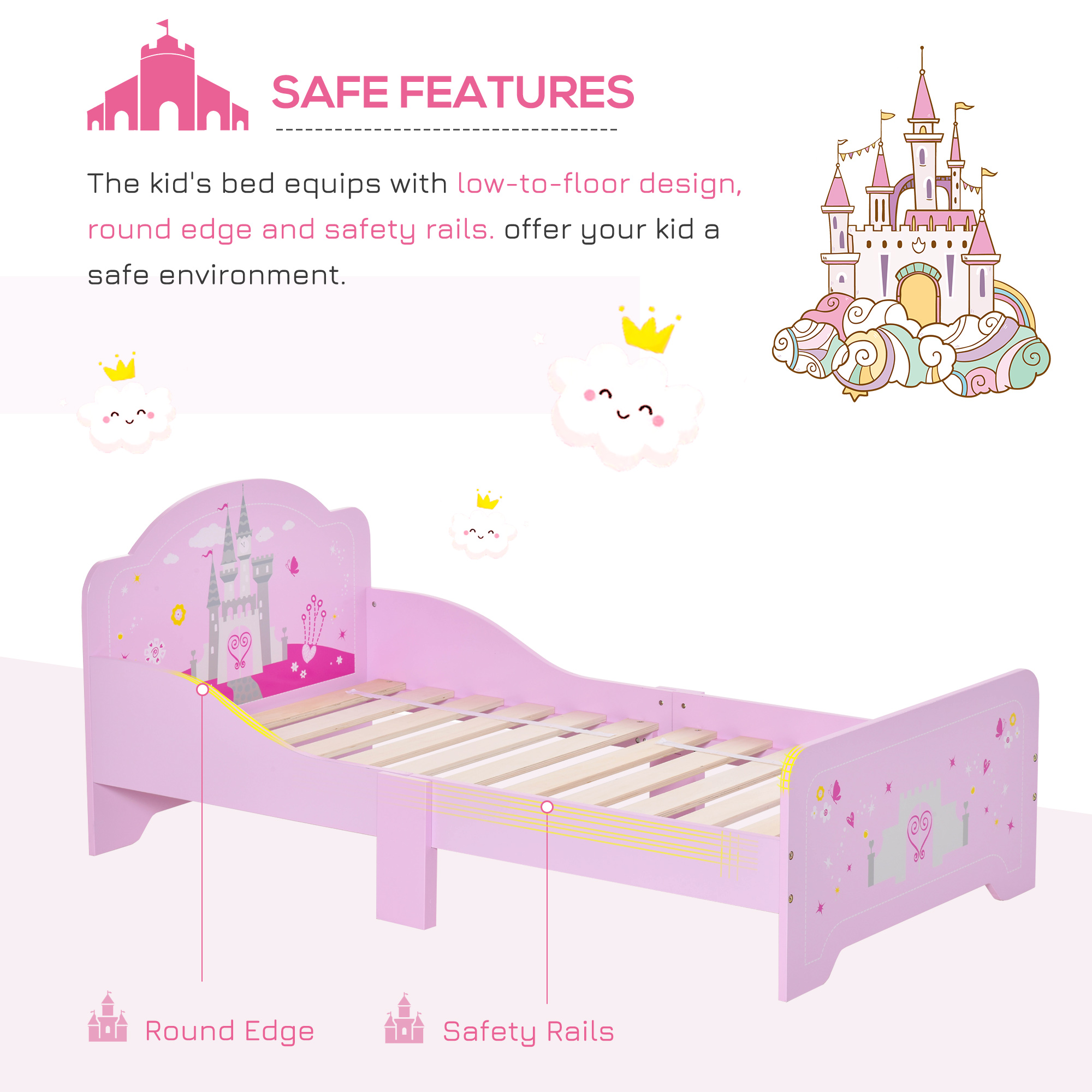 Kids Bed Princess Castle Theme W/ Side Rails Slats Home Furniture For 3-6 Yrs — image 2