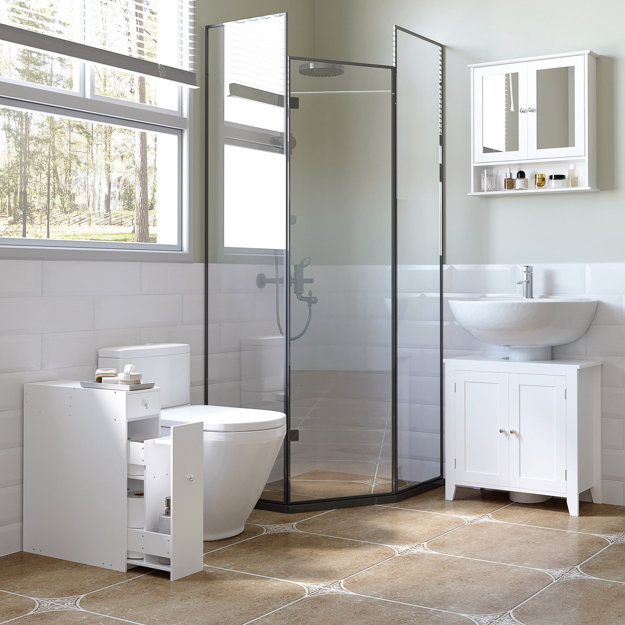 Bathroom Slim Floor Cabinet Narrow Wooden Storage Home Bath Toilet Cupboard — image 2