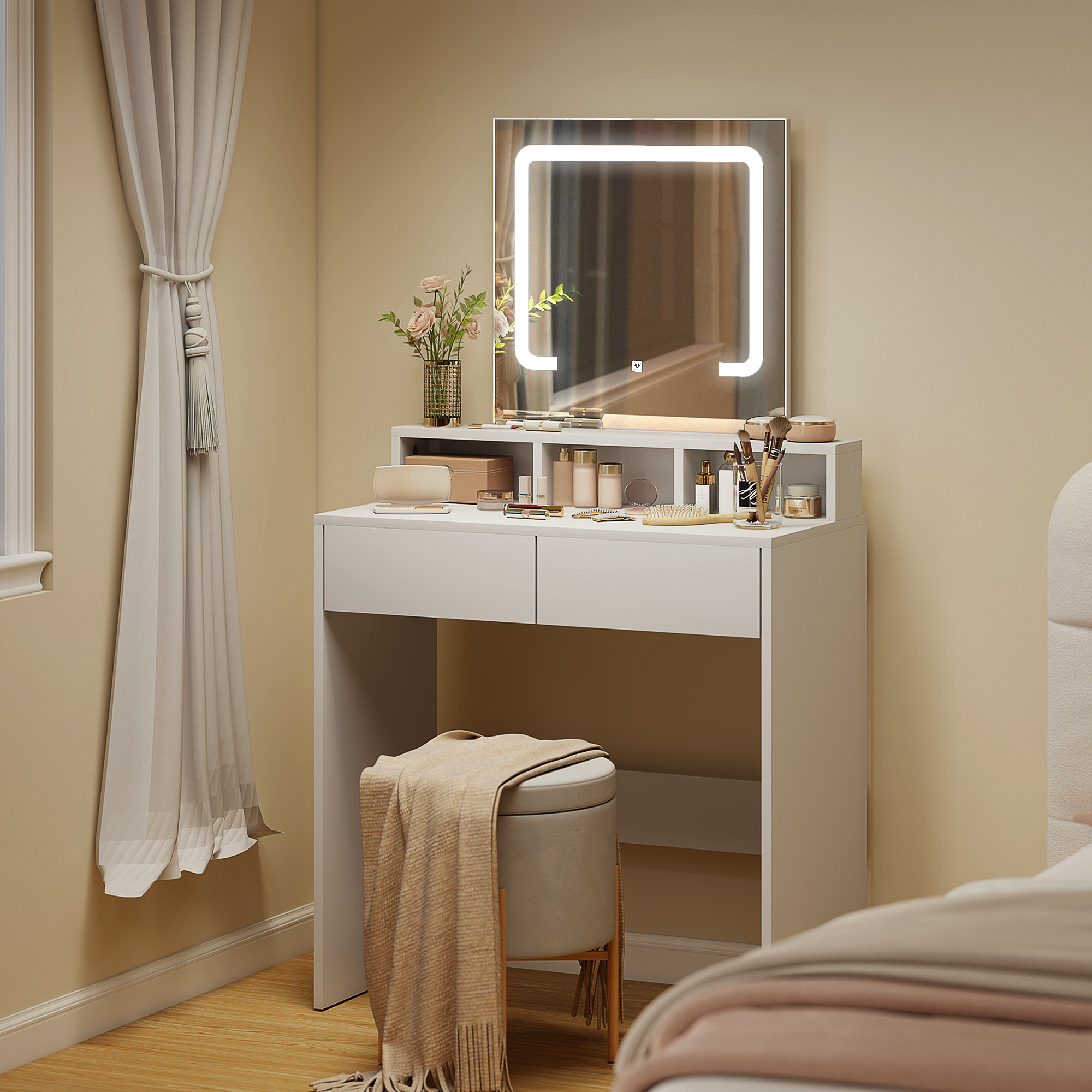 Storage Dressing Table,with LED Light Mirror-White — image 5