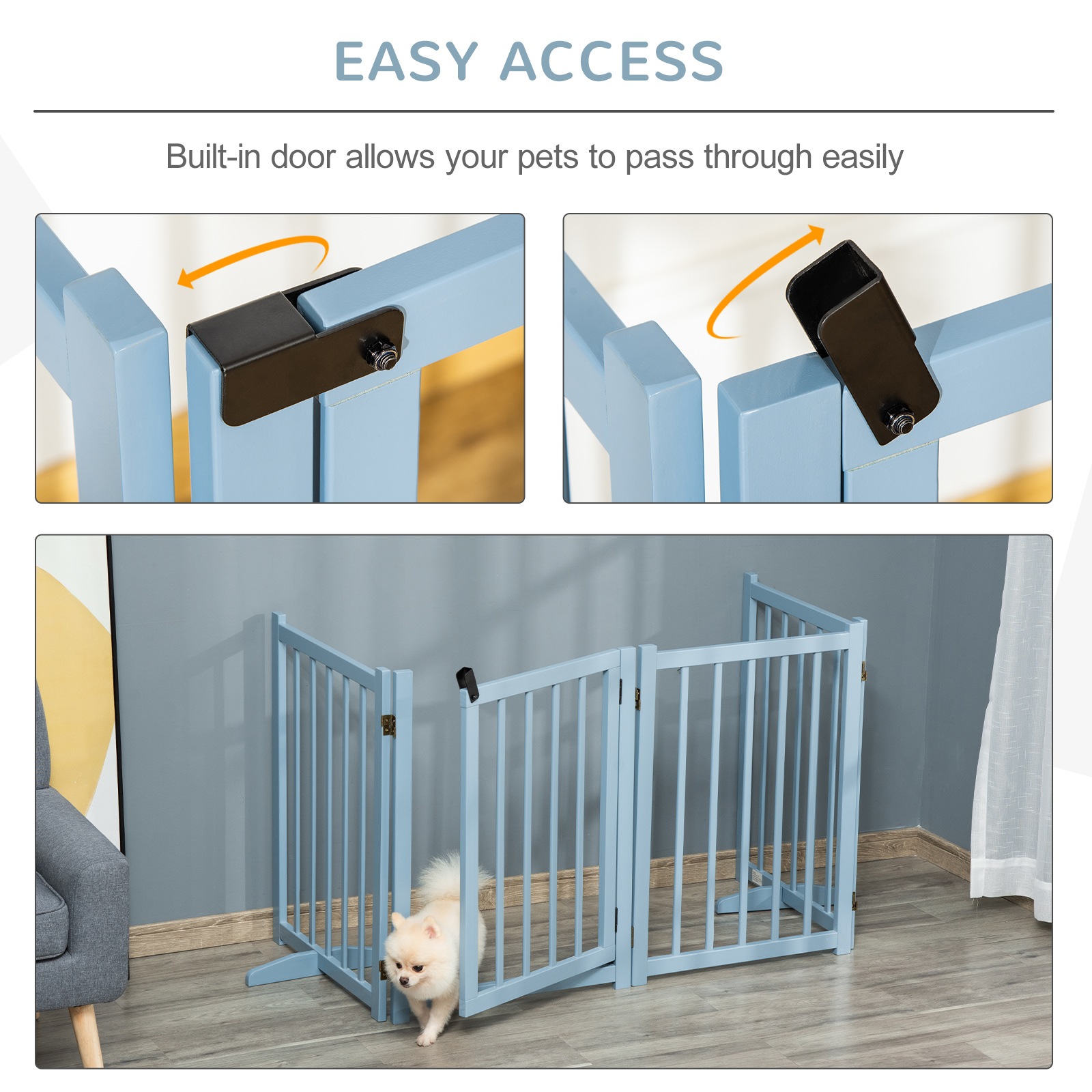Pet Gate Wooden Foldable Dog Safety Barrier W/ 4 Panels For Small And Medium
