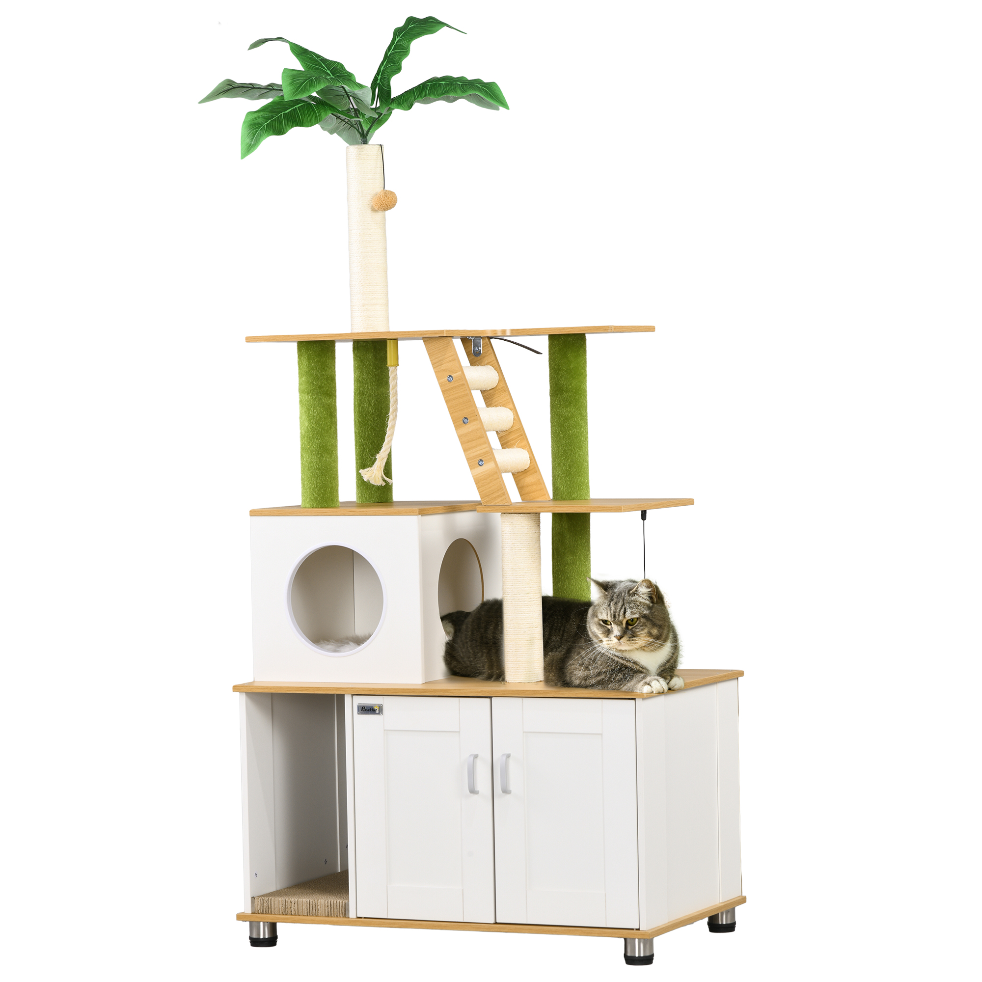 2-in-1 Hidden Cat Litter Box,Green Leaf Tree,with House,Ladder,Scratching — image 3