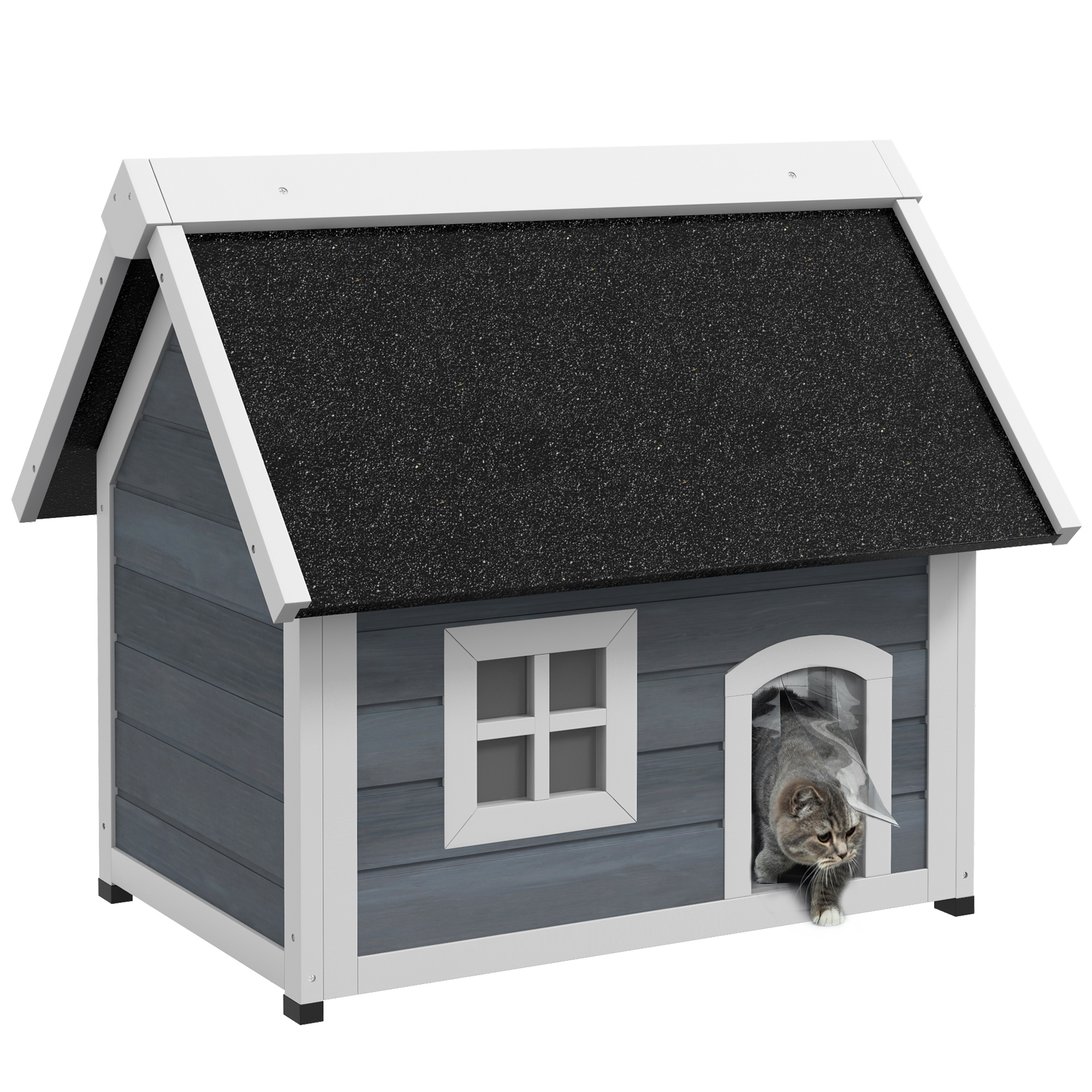 Outdoor Cat House,Wooden Feral Shelter,with Openable Asphalt Roof,Three