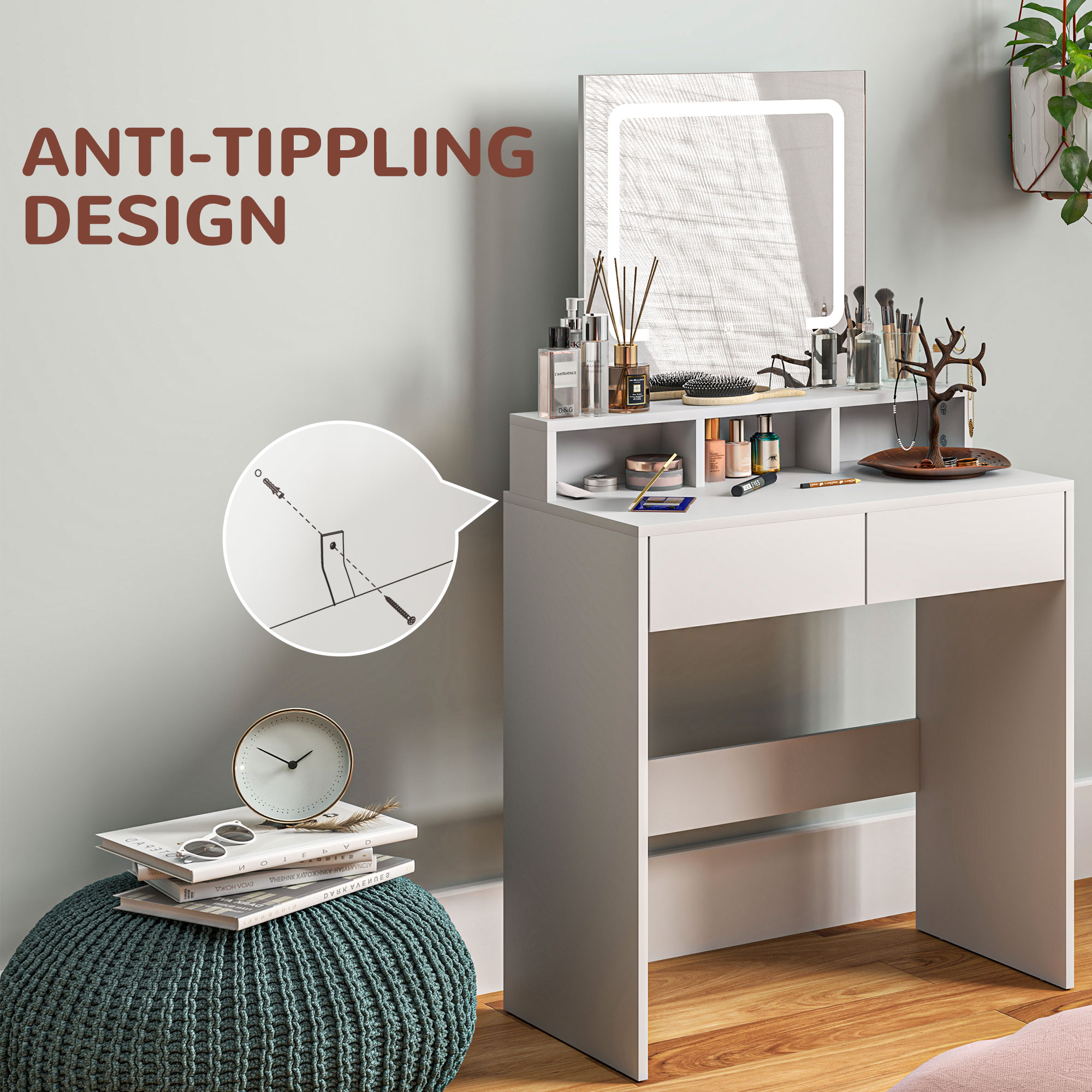 Storage Dressing Table,with LED Light Mirror-White — image 2
