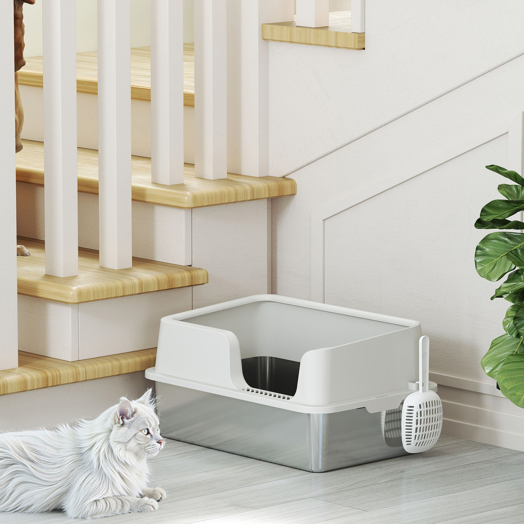 Stainless Steel Litter Box With Detachable Rim,Scoop,Easy — image 2