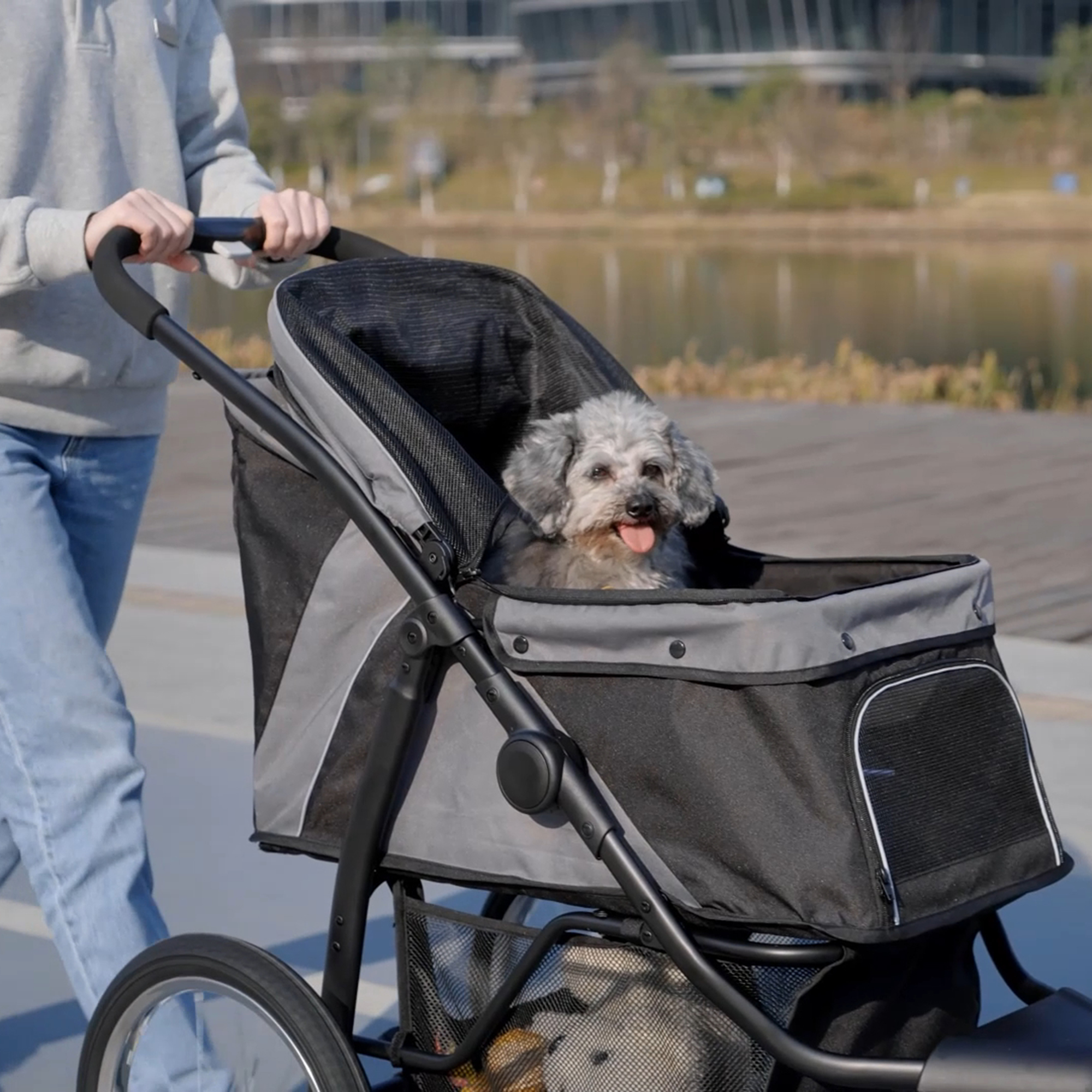 Foldable Pet Stroller,Dog Buggy With Three Wheels,for Small/Medium Dogs,Grey — image 3