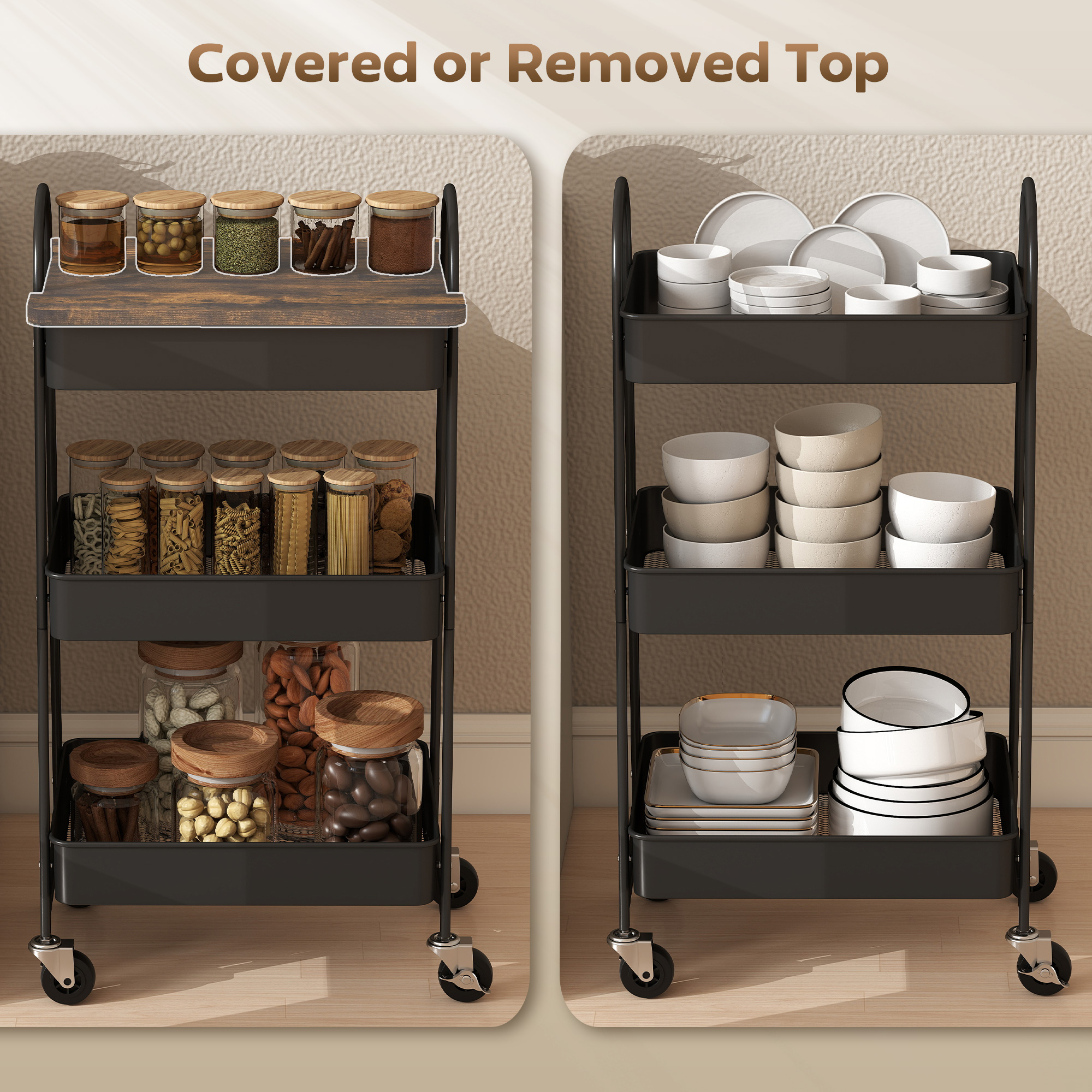 3-Tier Kitchen Storage Trolley With On Wheels Cover Top Board-Rustic Brown — image 5