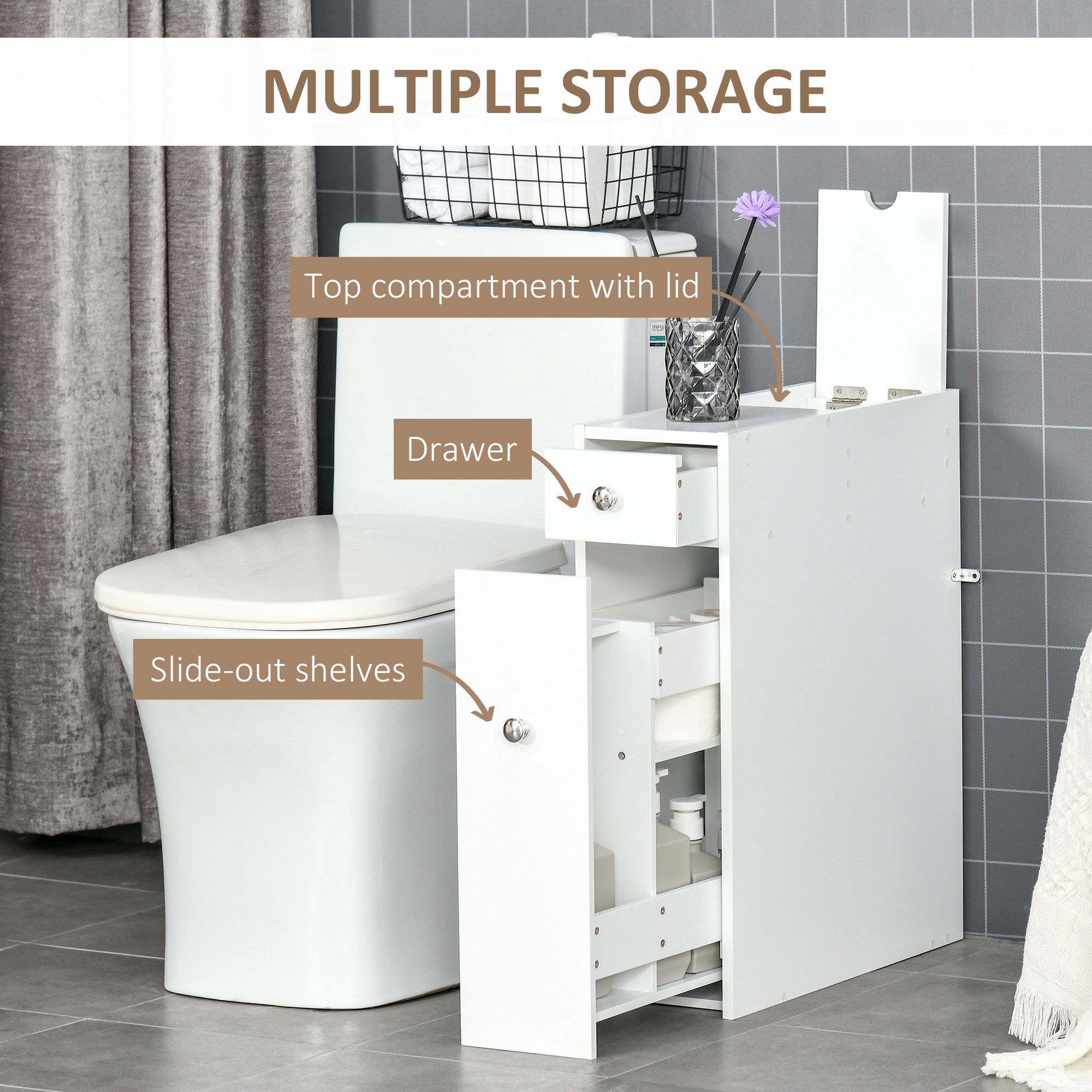 Bathroom Slim Floor Cabinet Narrow Wooden Storage Home Bath Toilet Cupboard — image 3