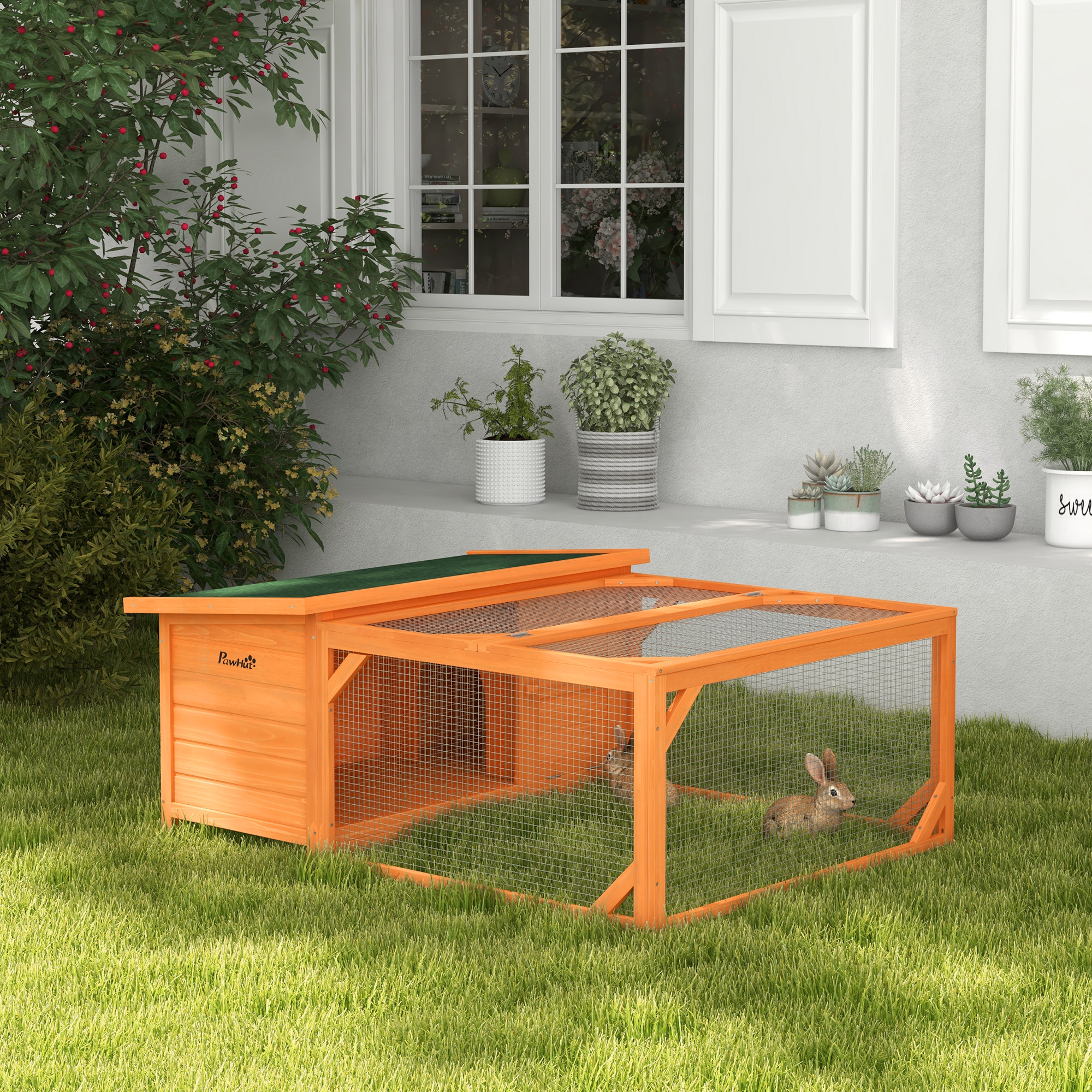 Rabbit Hutch Outdoor Guinea Pig Hutch With Run Small Animal Off-ground Duck House Hideaway Garden With Openable Roof 125.5 X 100 X 49cm Orange detail photo 2