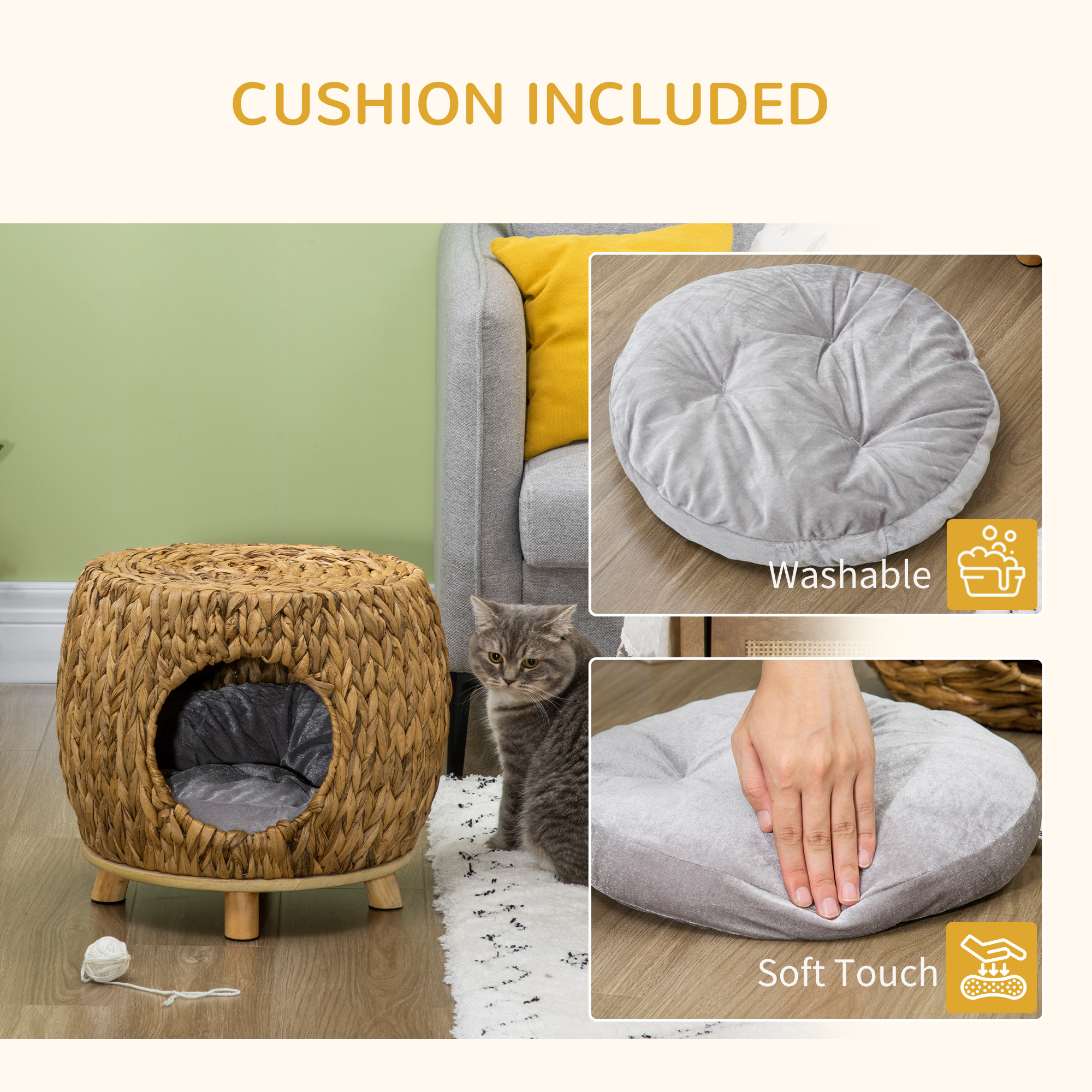 Wicker Cat Bed House Stool With Washable Cushion,44 X 43 X 41cm — image 2