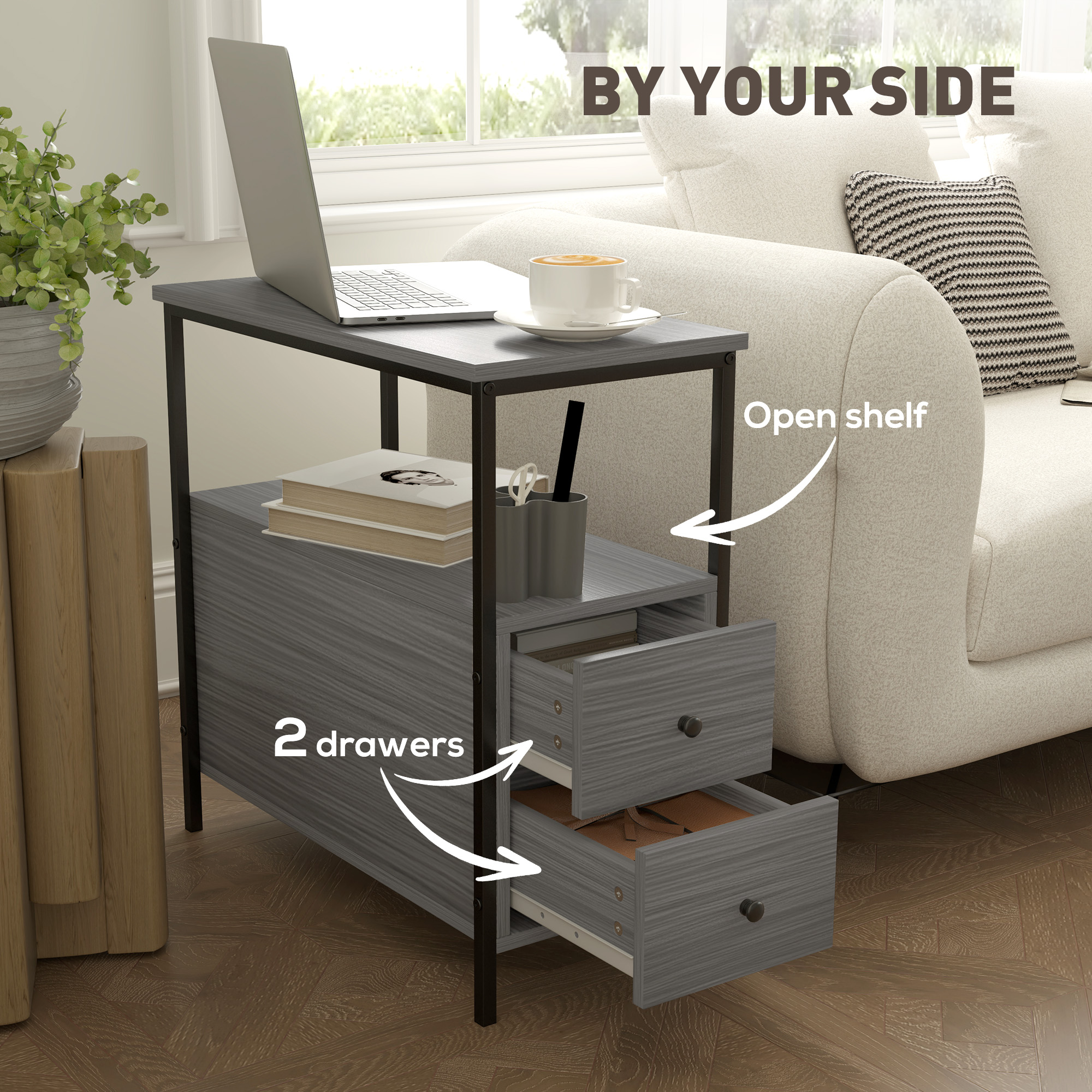 Side Table,Narrow Bedside Table With 2 Drawers And Storage Shelf,Industrial End — image 2