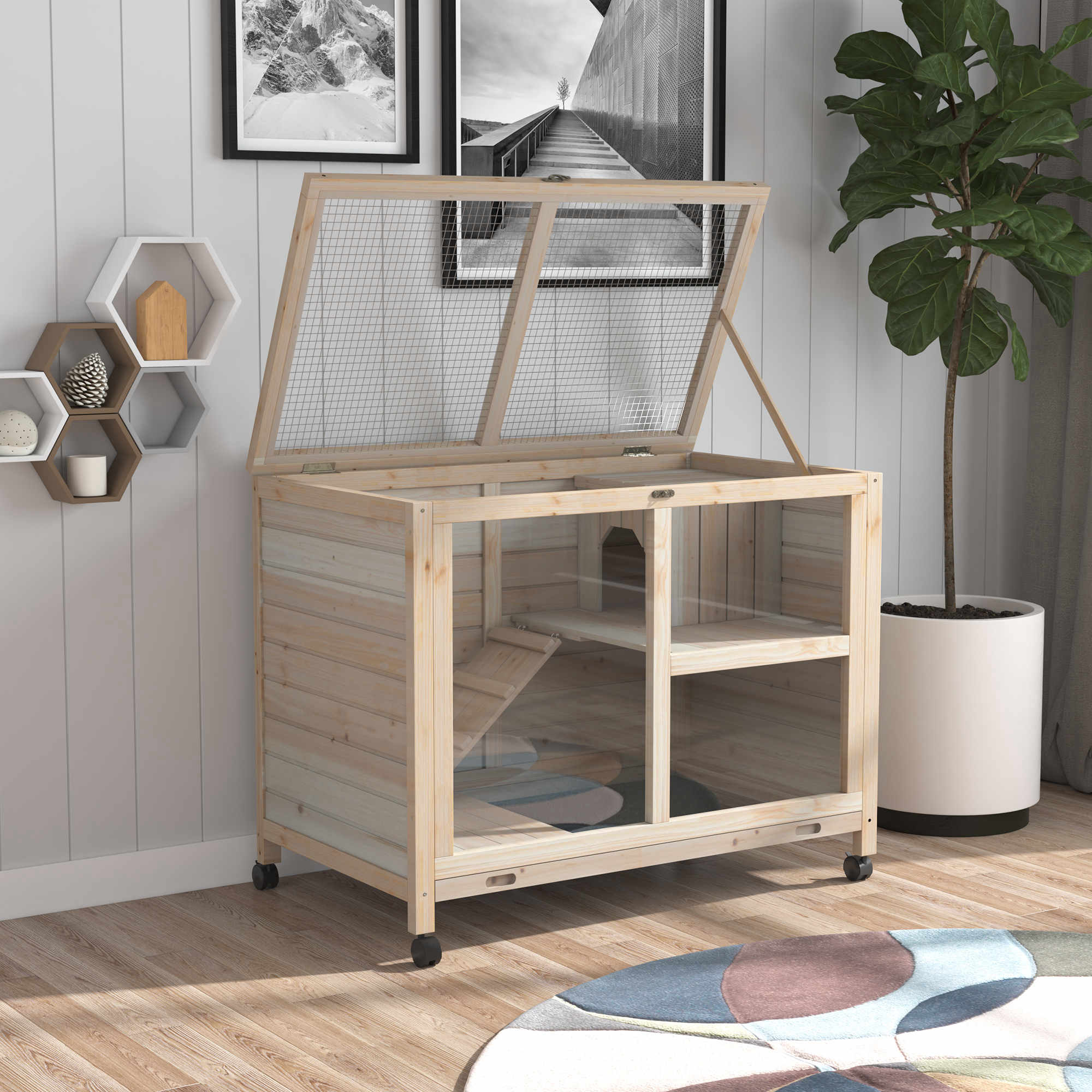 Rabbit Hutch Indoor Wooden Guinea Pig House Hamster Cage With Wheels,2 Layers — image 4