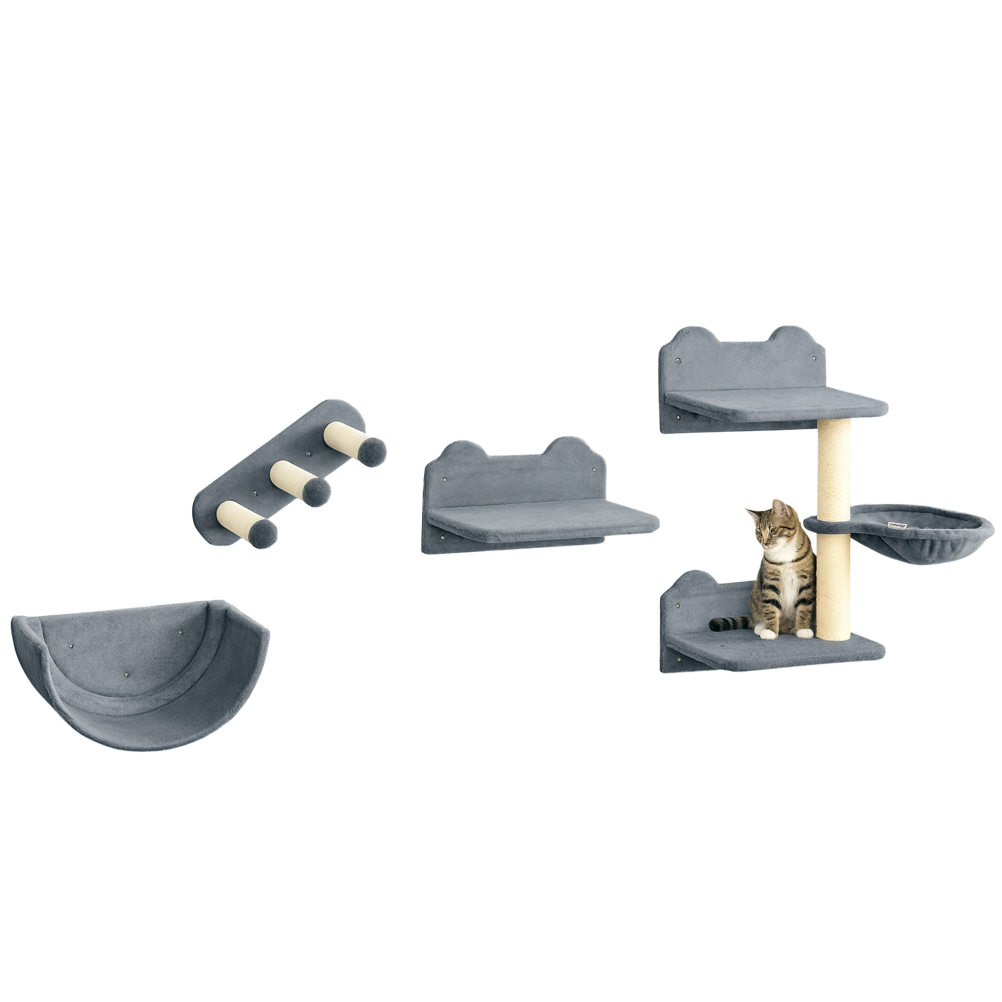 4PCs Wall-Mounted Cat Shelves W/ Scratching Post,Hammock,Nest-Grey — image 3