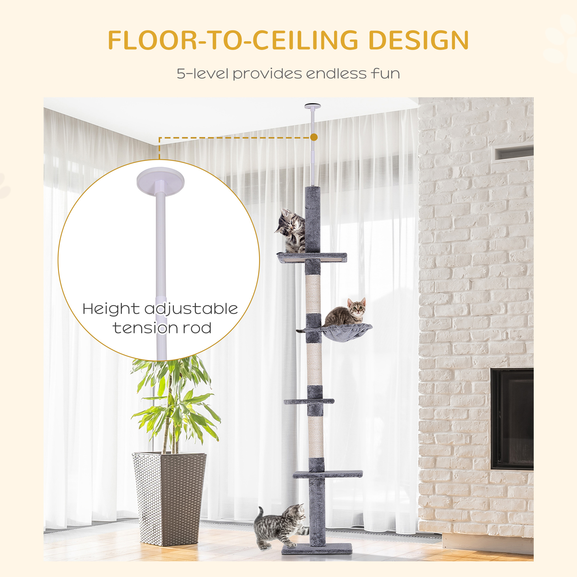 Floor To Ceiling Cat Tree 230-260cm Height Adjustable,5-Tier Tower — image 5