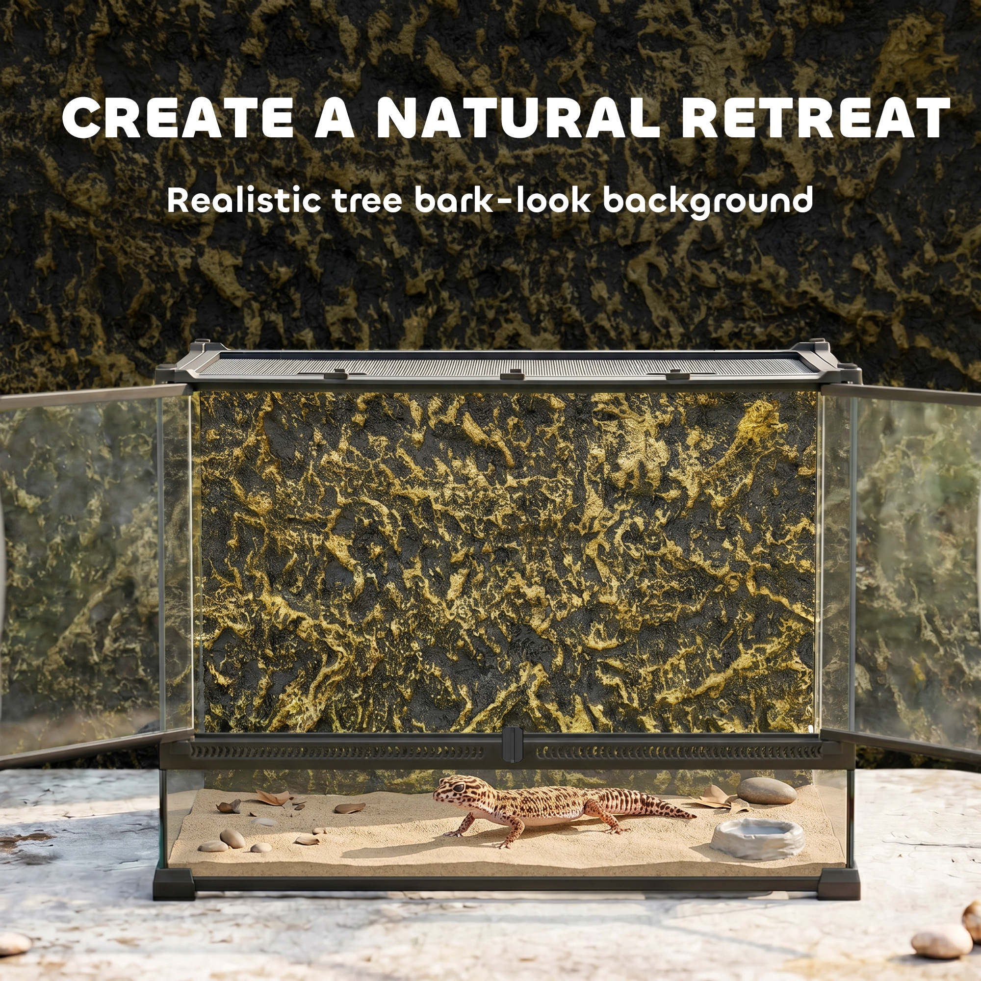 Reptile glass terrarium with stone background,front