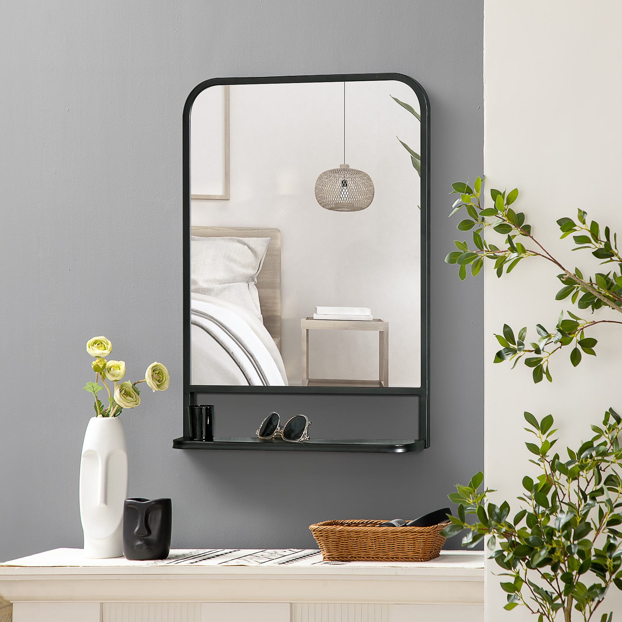 Modern Square Wall Mirror With Storage Shelf,70 X 50 Cm Mirrors For Living — image 4