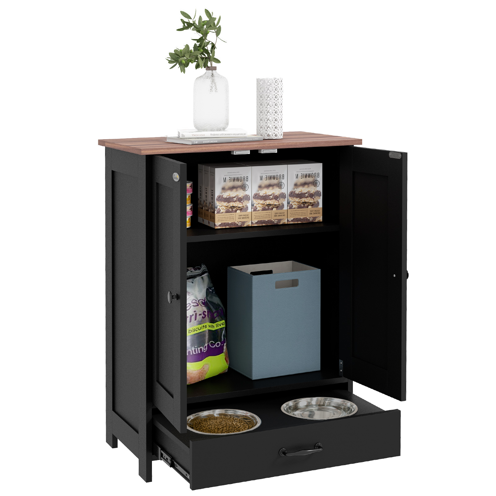 Pet Feeding Station With Raised Dog Bowls,Adjustable Panel,Hooks,Black detail photo 12