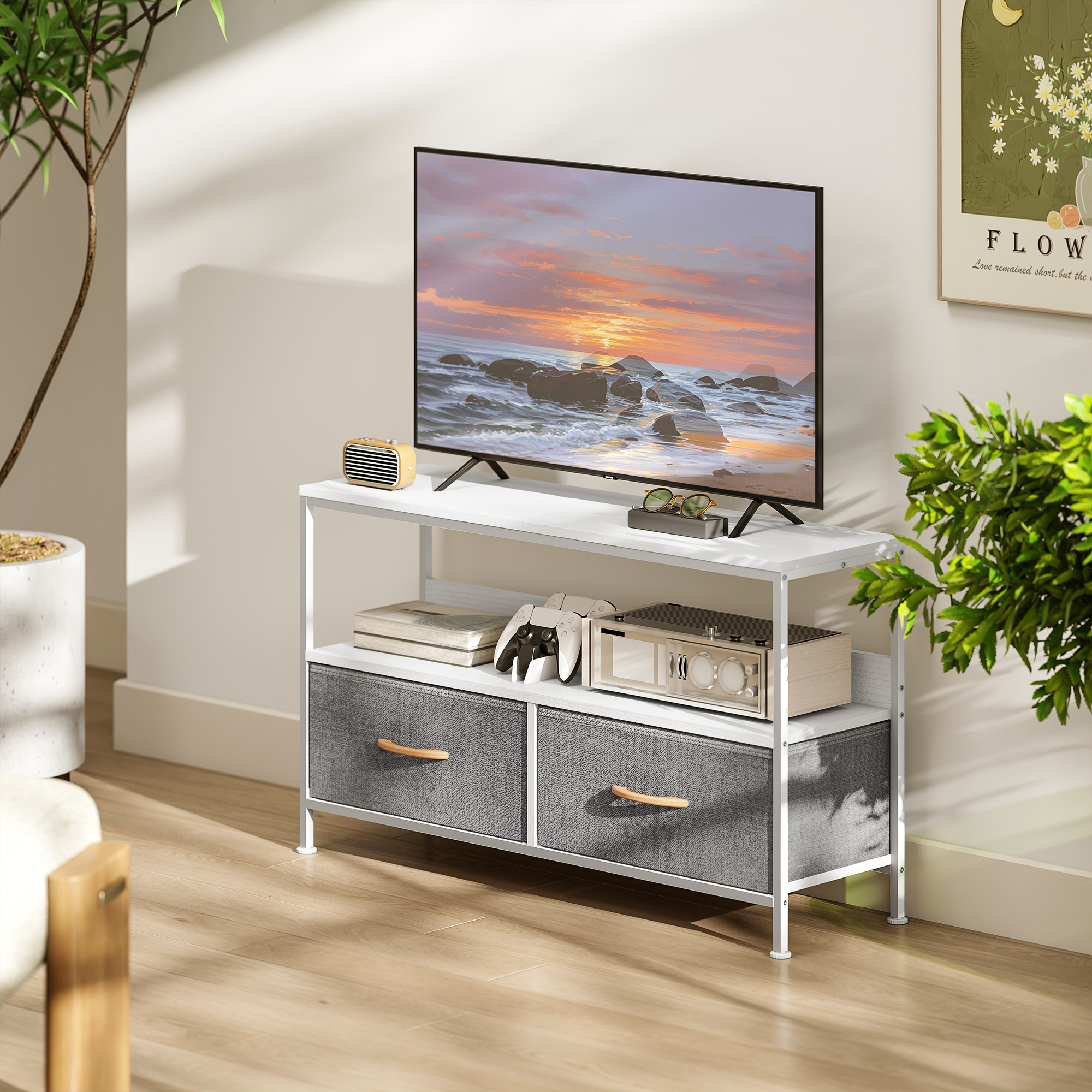 TV Stand Cabinet With 2 Foldable Drawers-White — image 2