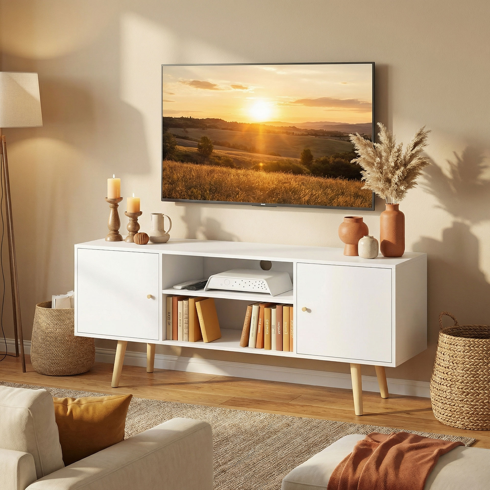 TV Stand Cabinet Up To 55 Inches,TV Unit With Storage Shelves And Wood Legs — image 5