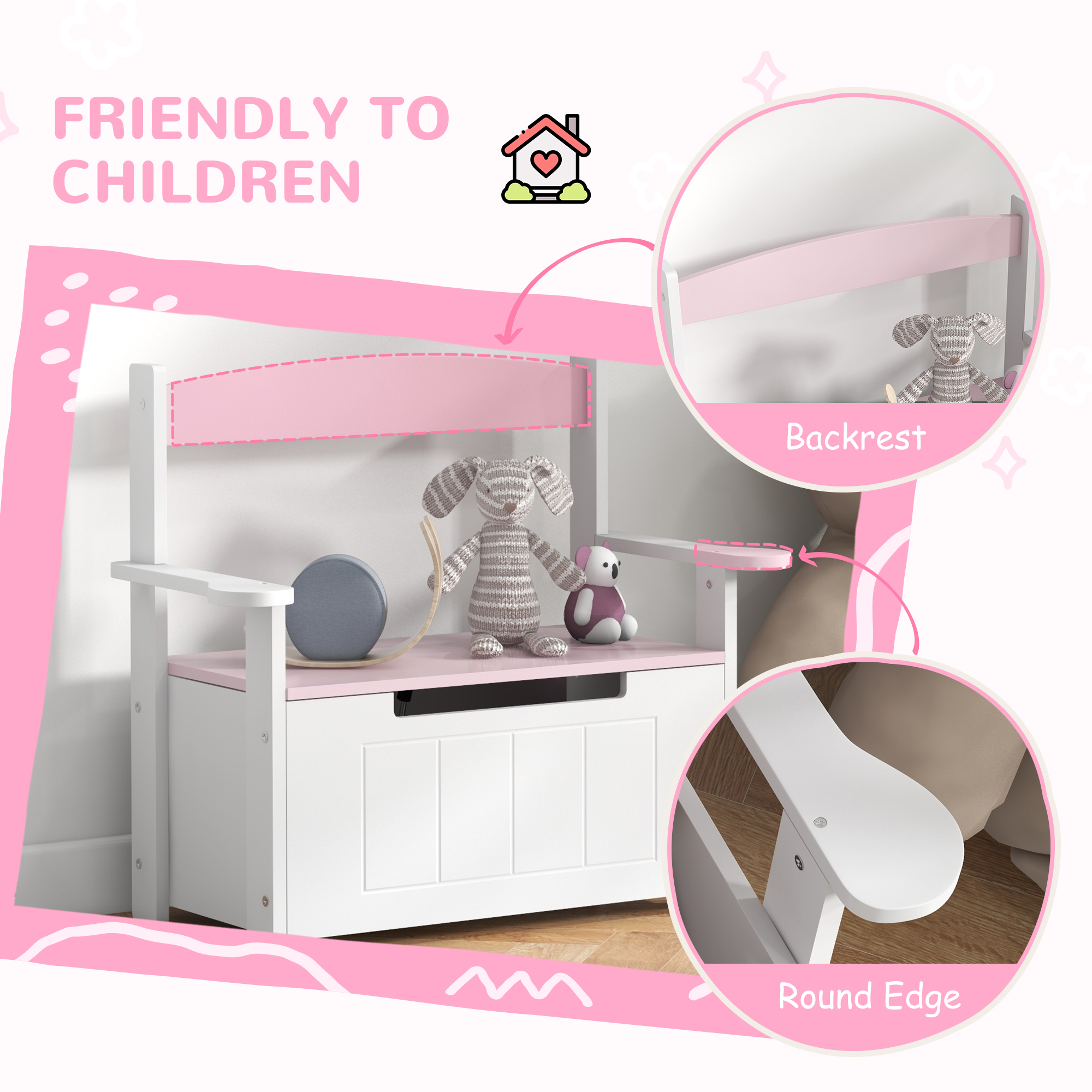2-in-1 Toy Box For Kids With Lid Bedroom,Nursery,Playroom,Pink — image 4