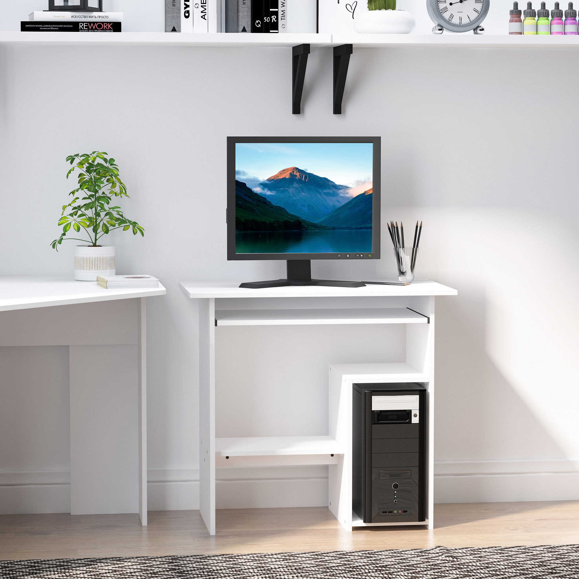 Compact Small Computer Table Wooden Desk Keyboard Tray Storage Shelf Modern — image 5