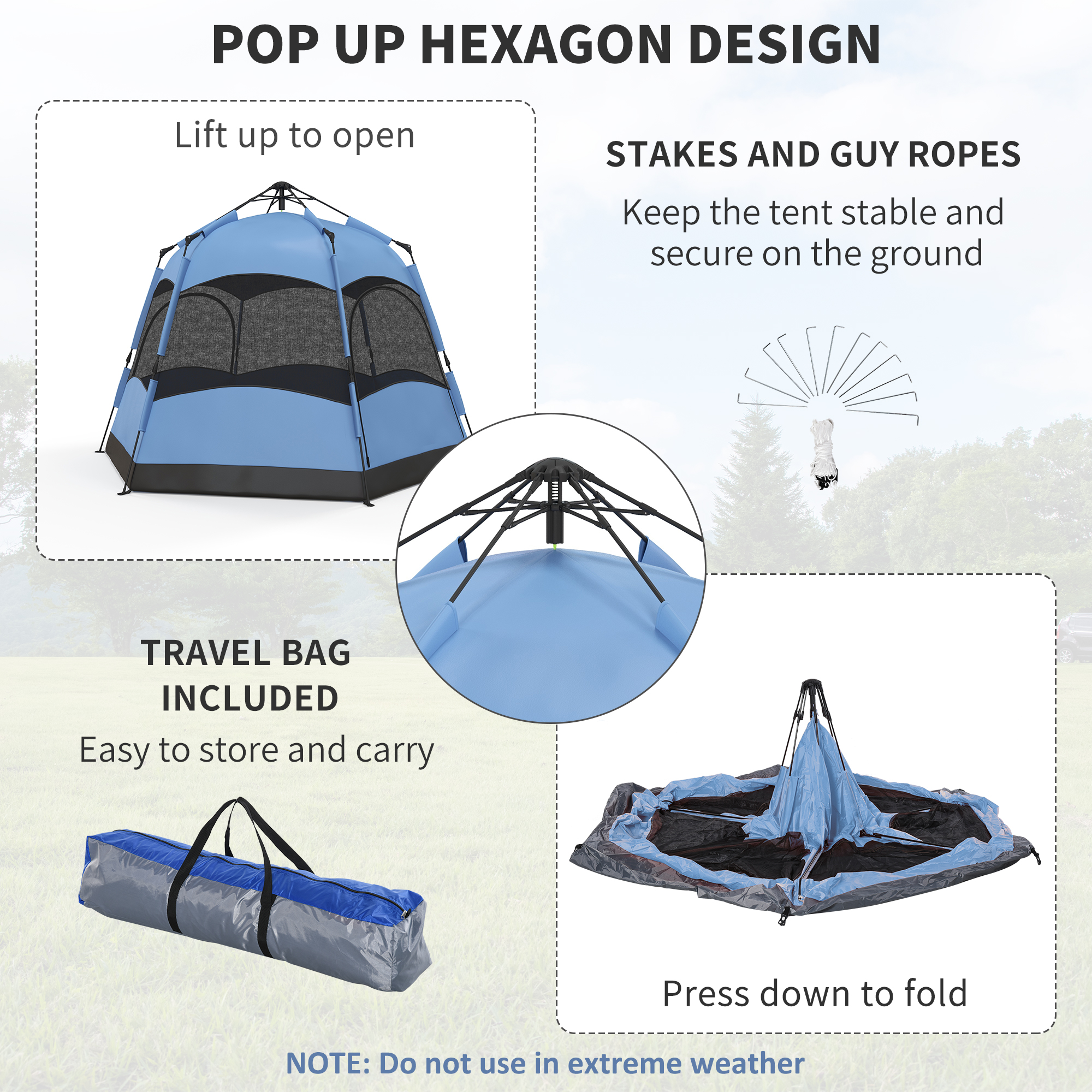 4 Man Hexagon Camping Tent With Hang Hook And Carry Bag-Blue Black — image 2