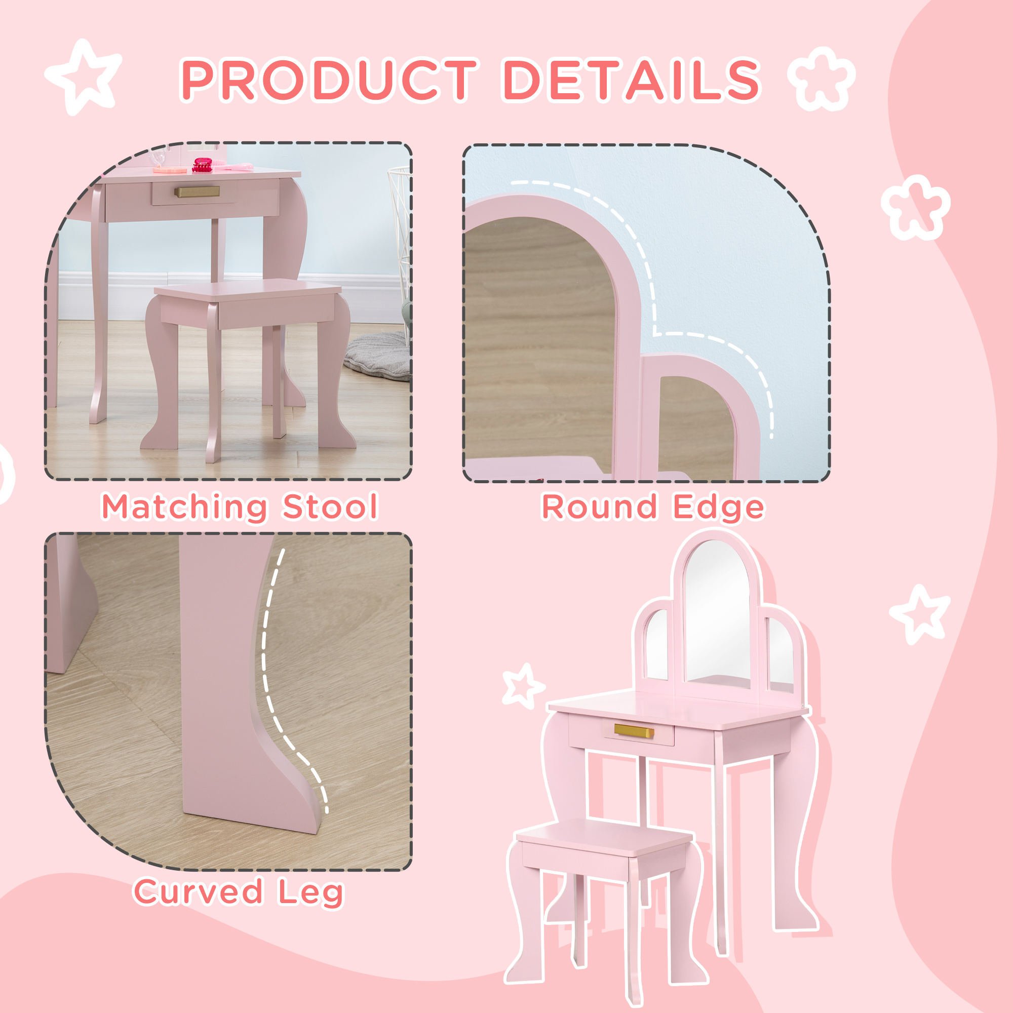 Kids Dressing Table Set,with Mirror And Drawer-Pink — image 4